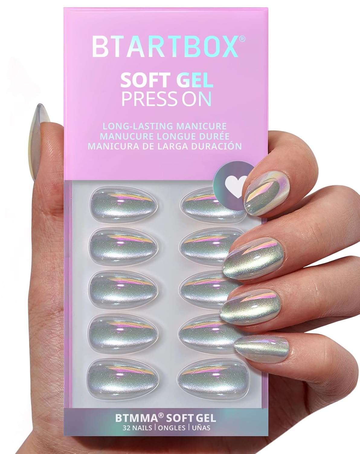 BTArtbox Press On Nails Short - Chrome Cat Eye Almond Press On Nails with Glue for Women, Opaque