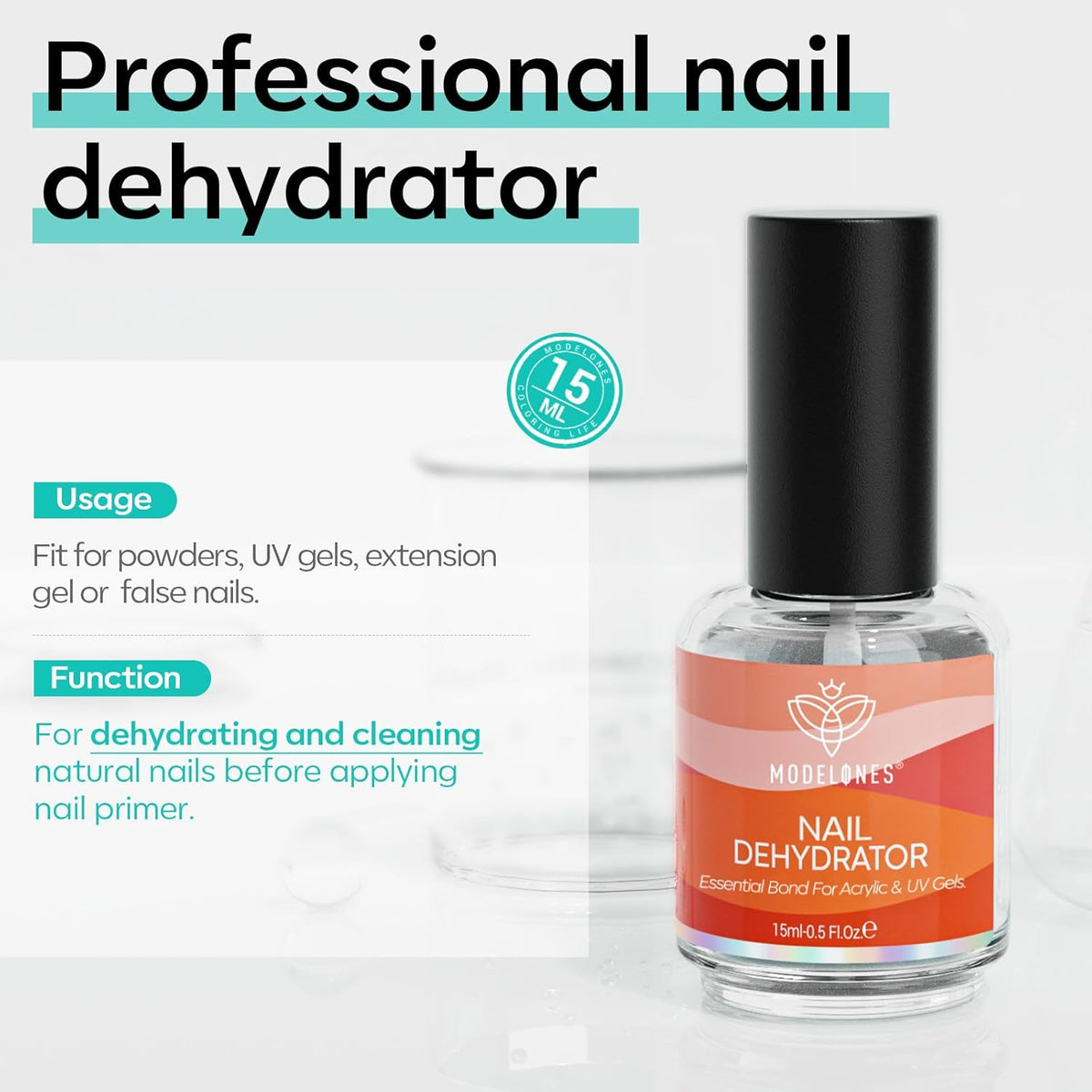 modelones Nail Dehydrator, 15 ml Acid Free Nail Prep Dehydrator for Press Ons/Acrylic Nails/Gel