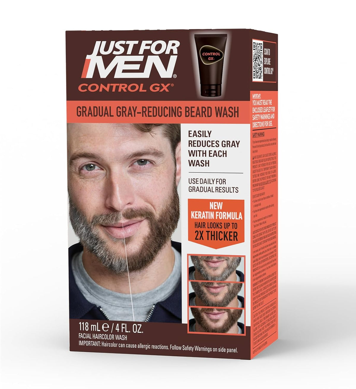 Just for Men Control GX Grey Reducing Beard Wash Shampoo with Keratin, Gradually Colors Mustache