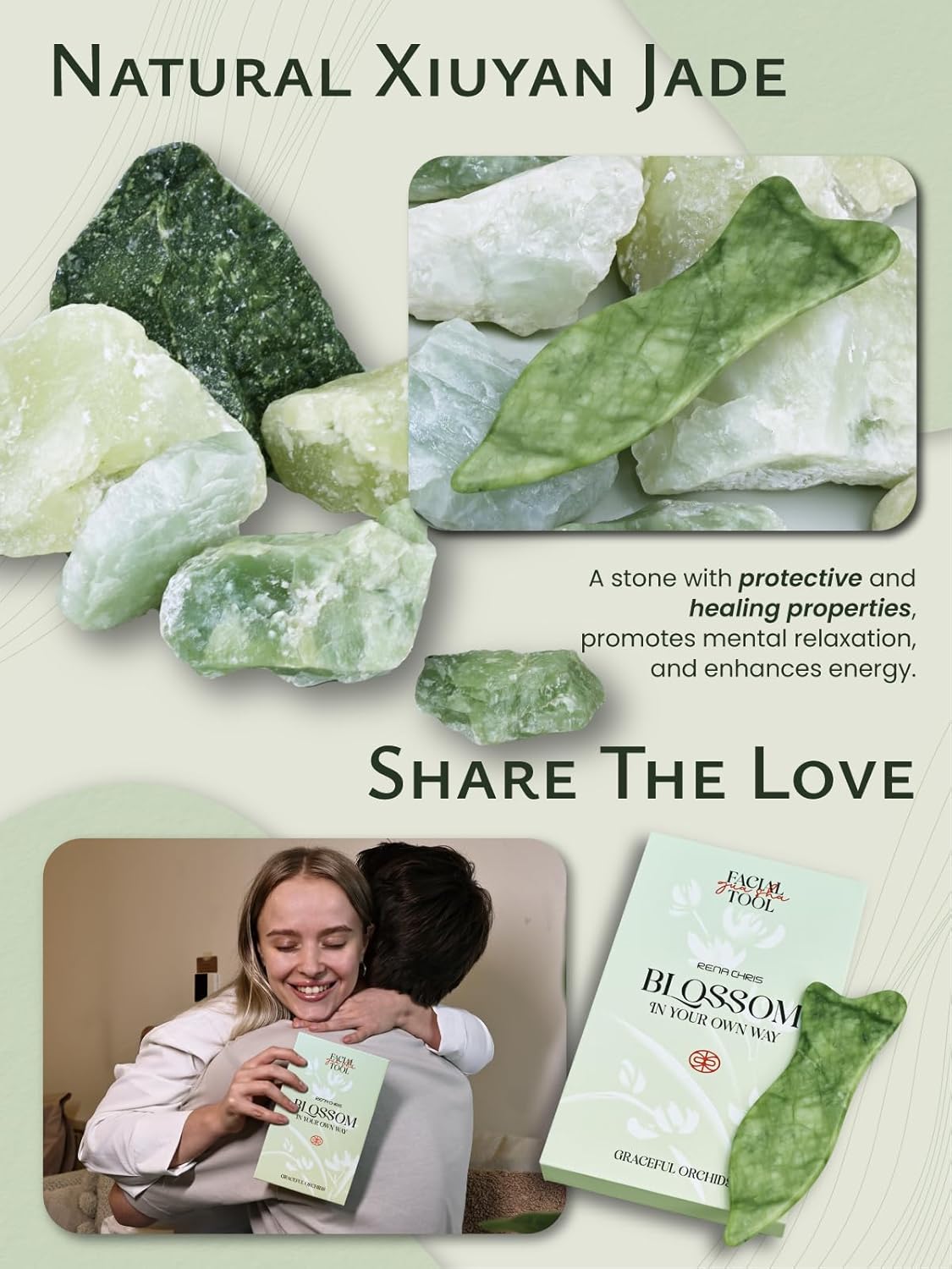 Rena Chris Natural Jade Gua Sha Facial Tools - Acupressure & Gua Sha for Face Massage, Jawline