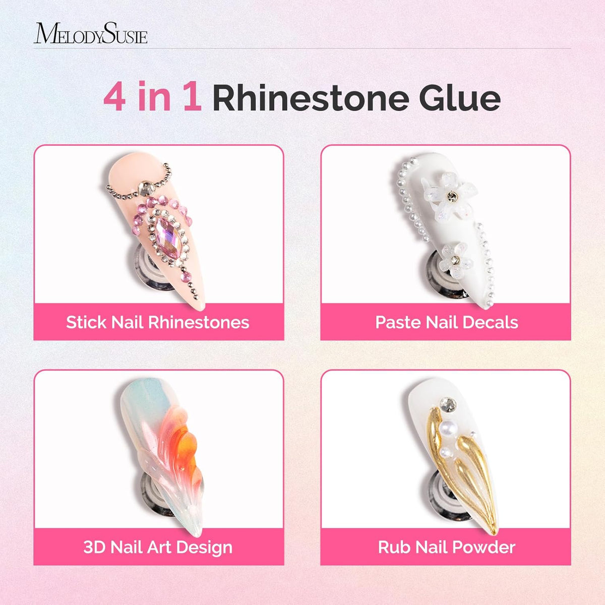 MelodySusie 2Pcs Nail Rhinestone Glue, 3D Gel Nail Art Design Strong Adhesive Nail Gem Glue for
