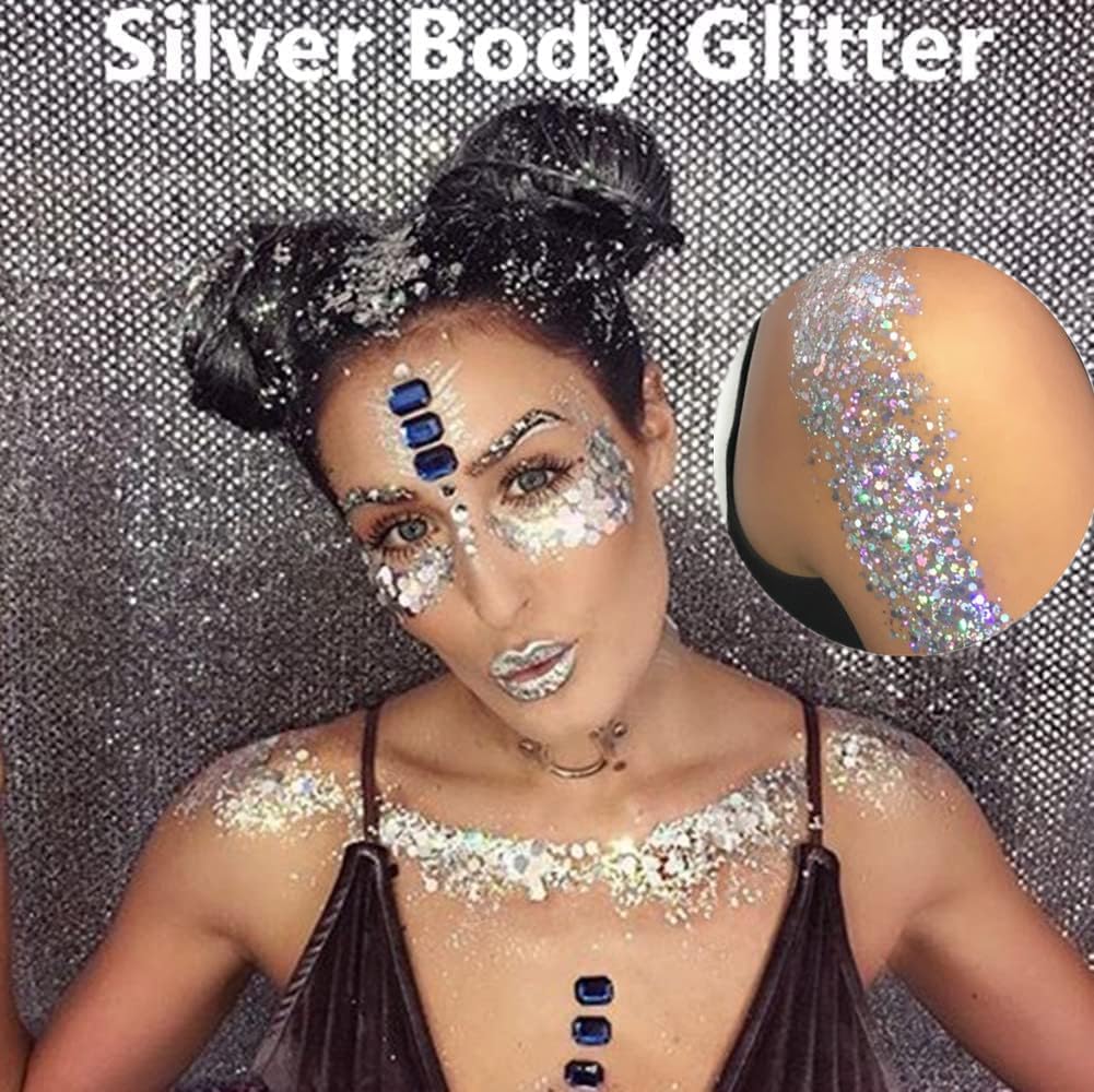 Go Ho Silver Face Body Glitter Gel,Singer Concerts Silver Face Paint Makeup,Holographic Chunky