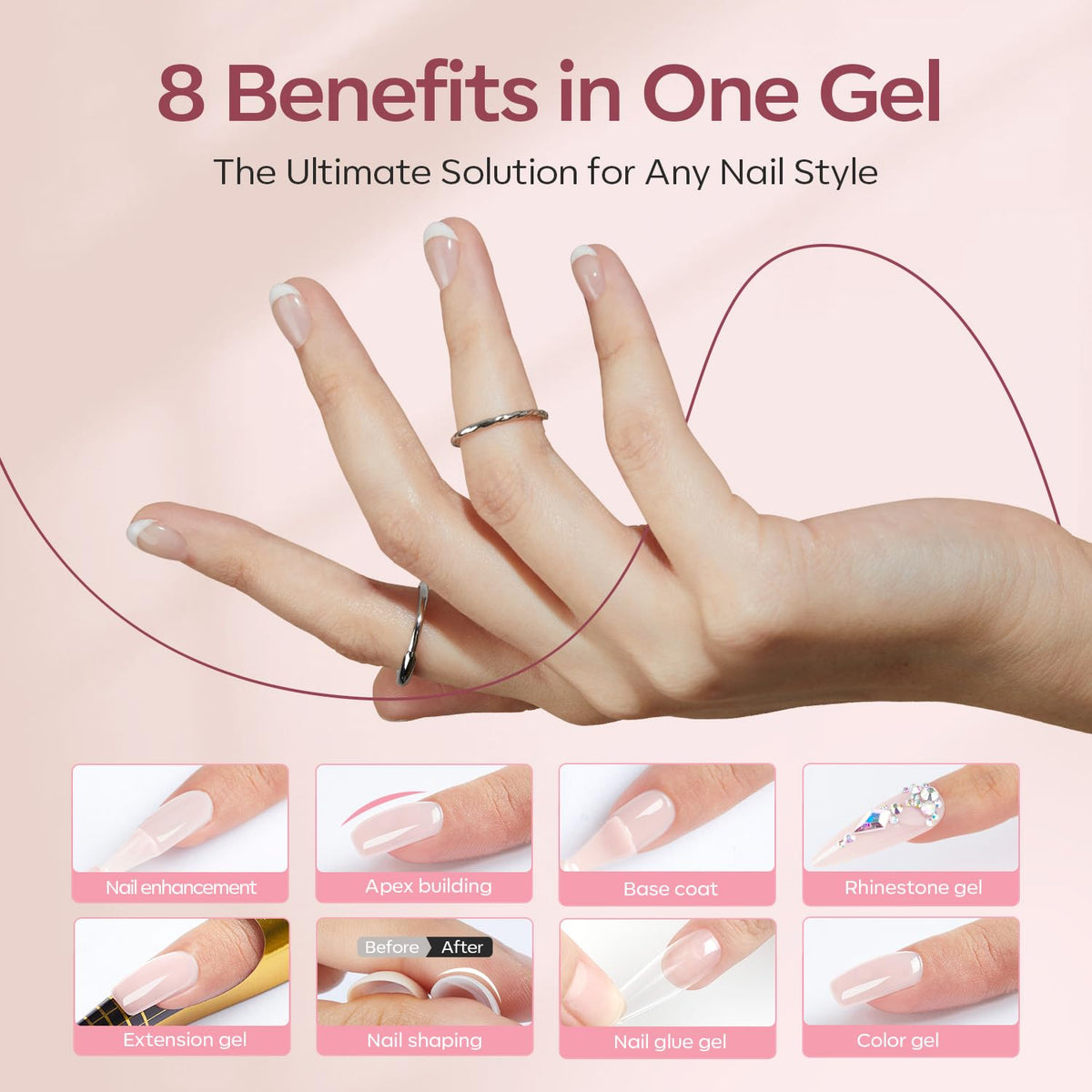 modelones Builder Nail Gel with Gel Top Coat, 8-In-One Cover Nude Builder Acid Free Top Coat for