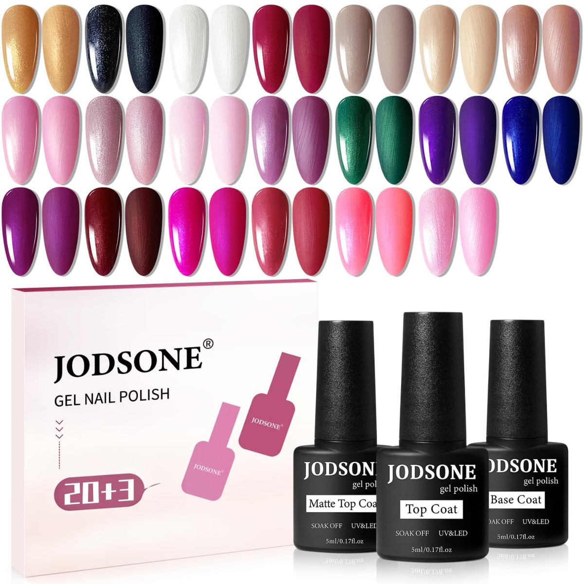 JODSONE 20 Glitter Color Gel Nail Polish Kit 3 Bottles of No Wipe Base Coat Glossy and Matte Top