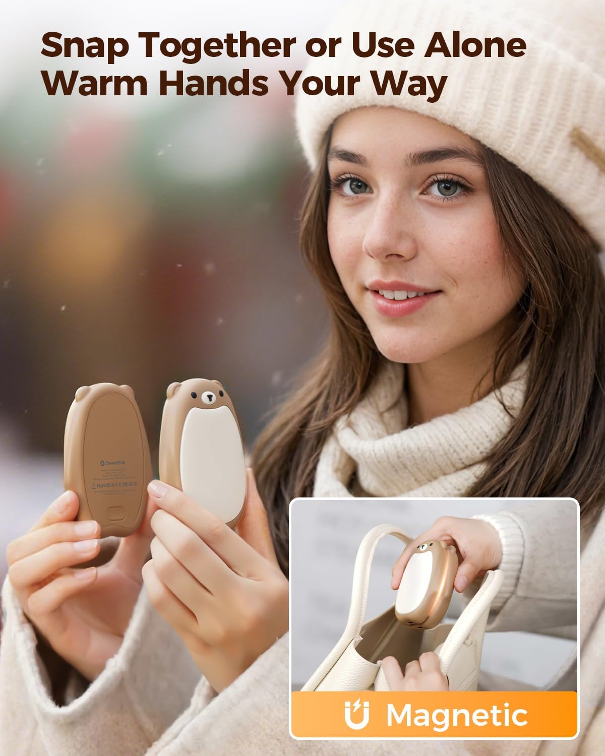 SWEETFULL Hand Warmers Rechargeable – Cute Bear, 2 Pack Magnetic Hot Hands, Reusable Electric