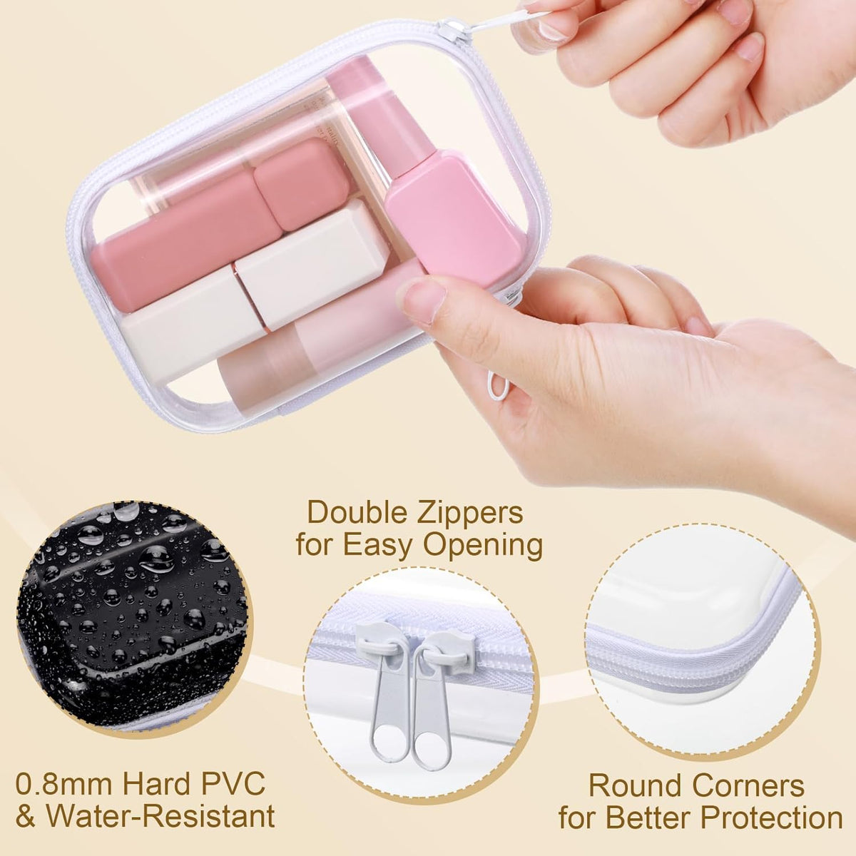 Hoolerry 3 Pcs Clear Hard Zipper Case Plastic Pouch Transparent Hard Case Clear Makeup Bag Portable