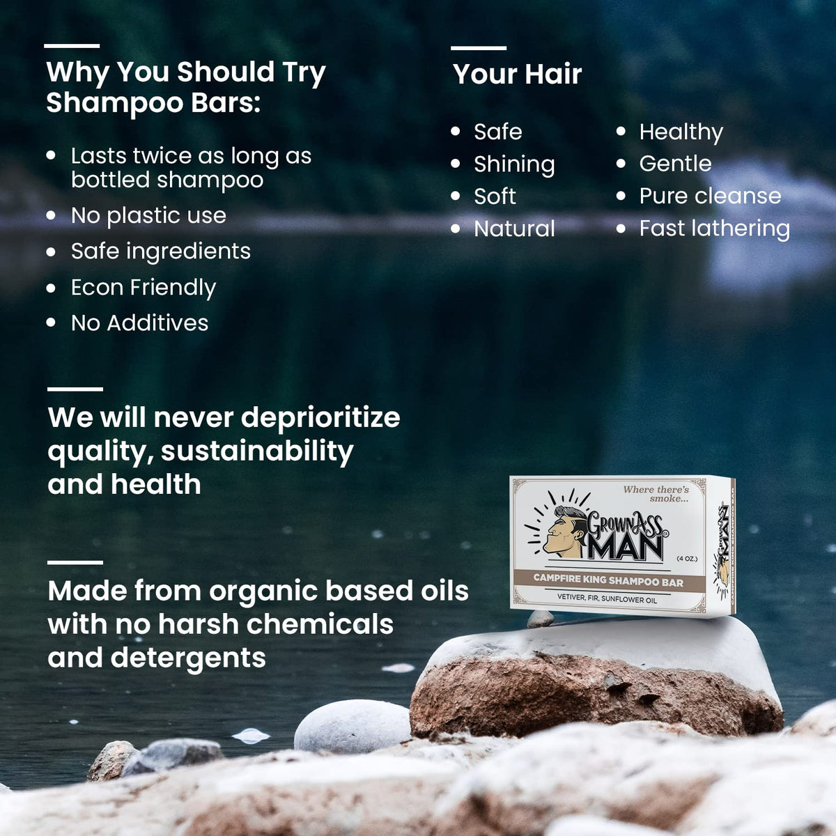 Solid Shampoo Bar Rich Lather 3 in 1: Hair, Beard & Body Wash - Plastic Free & Eco-Friendly