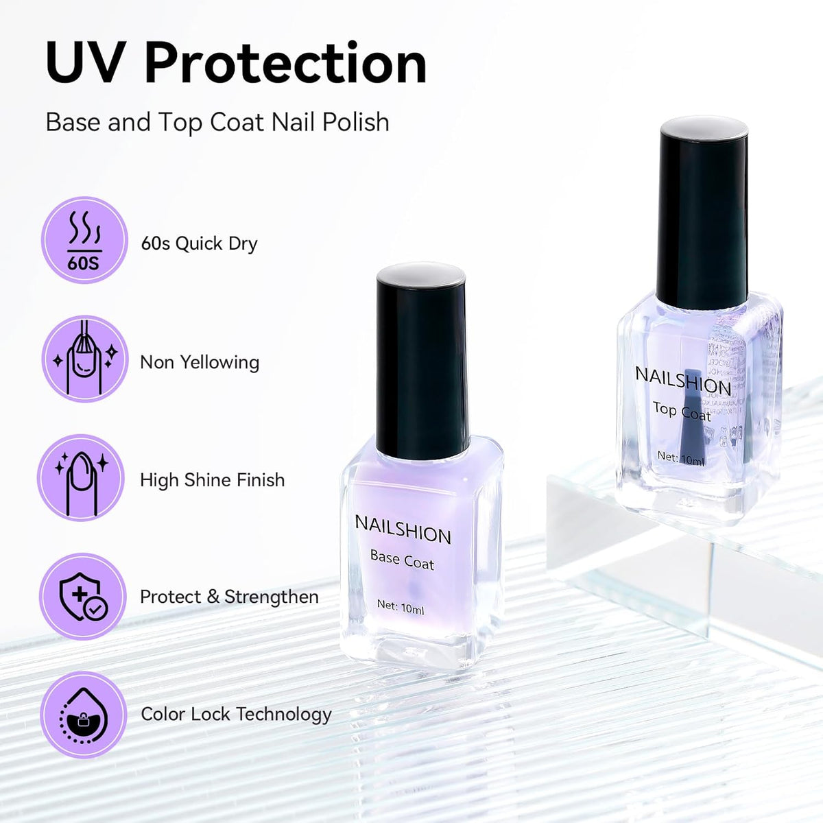 Anti-UV Base Top Coat, 2PCS Calcium & VE Base Strengthening High Shine Top Coat Clear Nail Polish