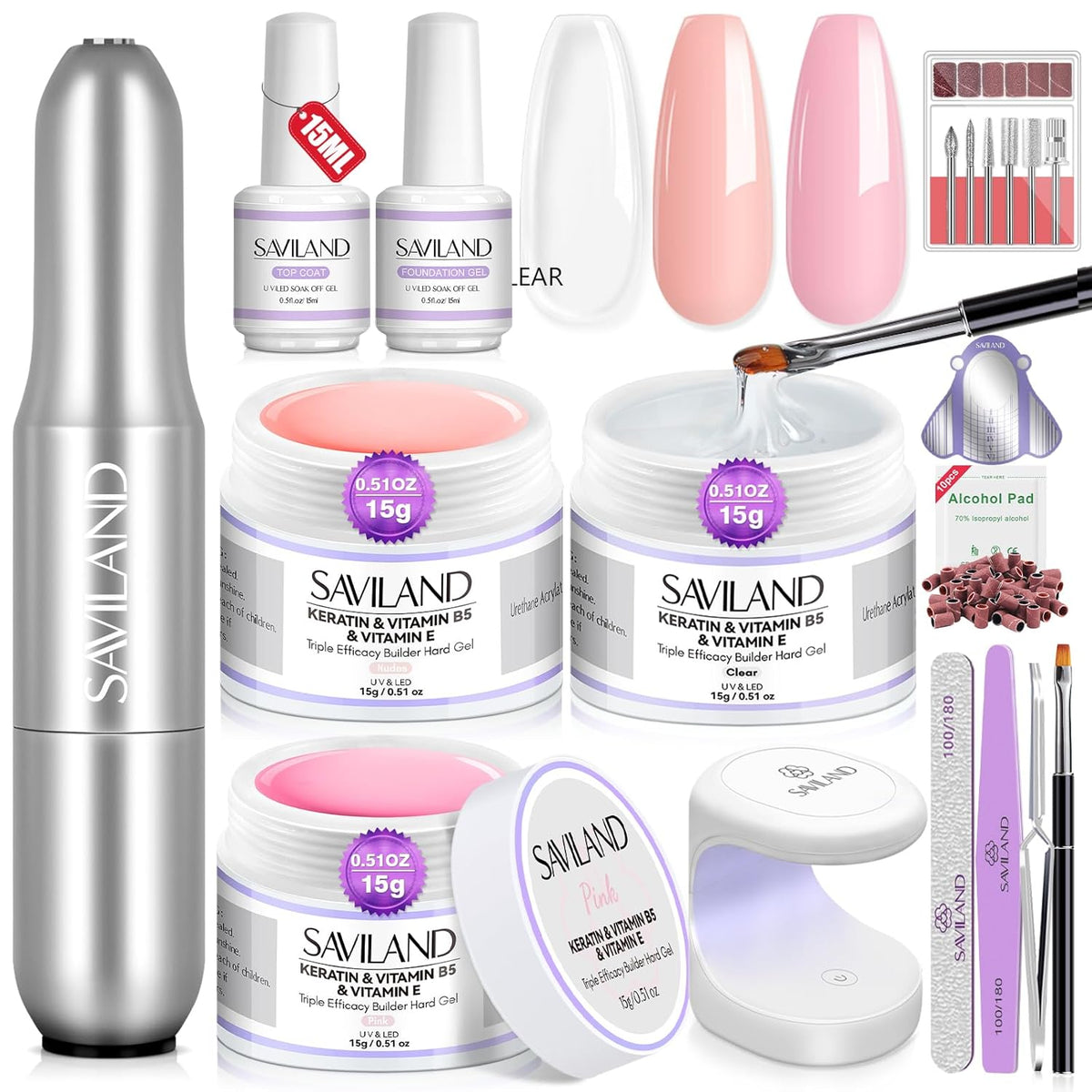 SAVILAND Builder Nail Gel Set with Nail Drill - 3 Pcs Hard Gels(VE&VB5&Kerain) Clear Pink Nudes