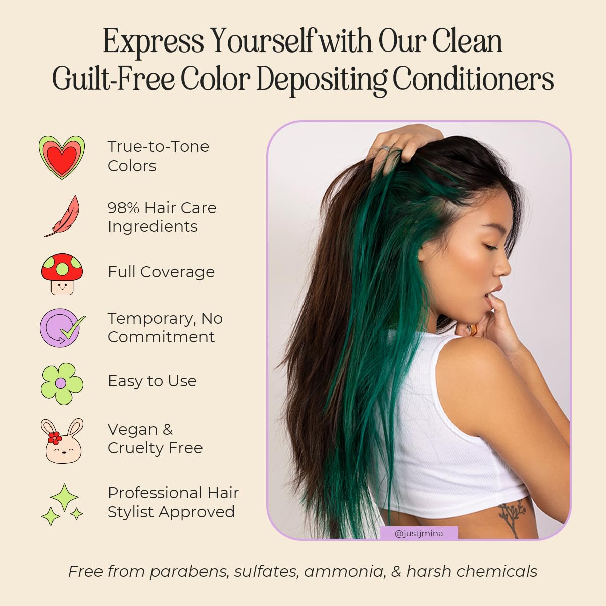 INH Semi Permanent Hair Color | Color Depositing Conditioner | Emerald Green Hair Dye | No Bleach &