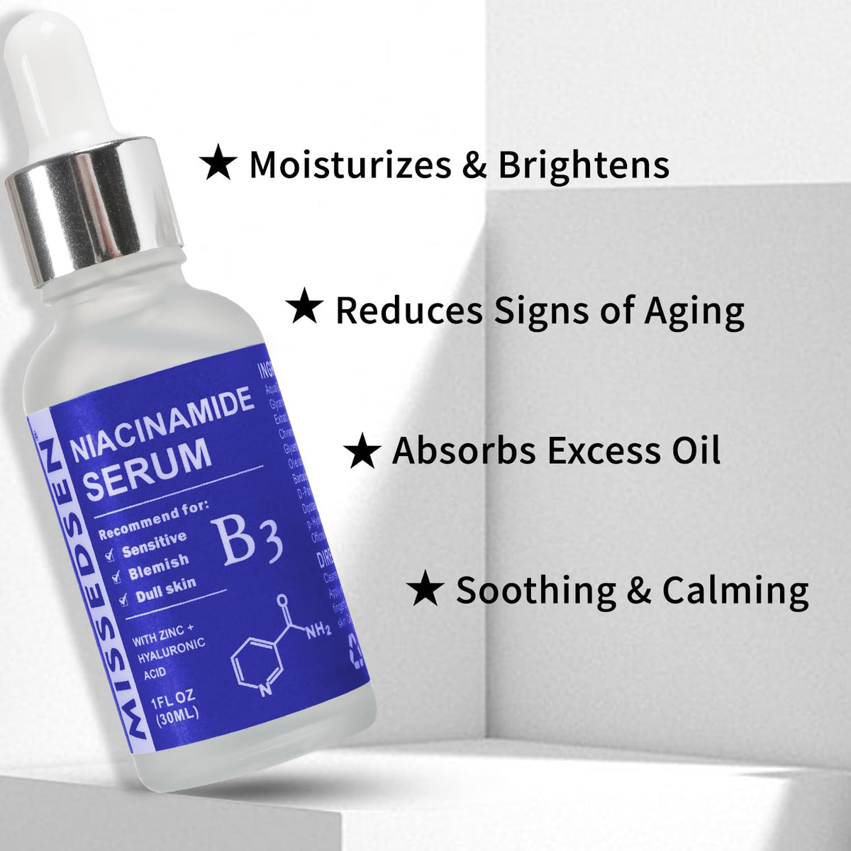 Niacinamide Serum for Face with Zinc & Hyaluronic Acid,Smoothes Wrinkles,Improves Elasticity,Firms