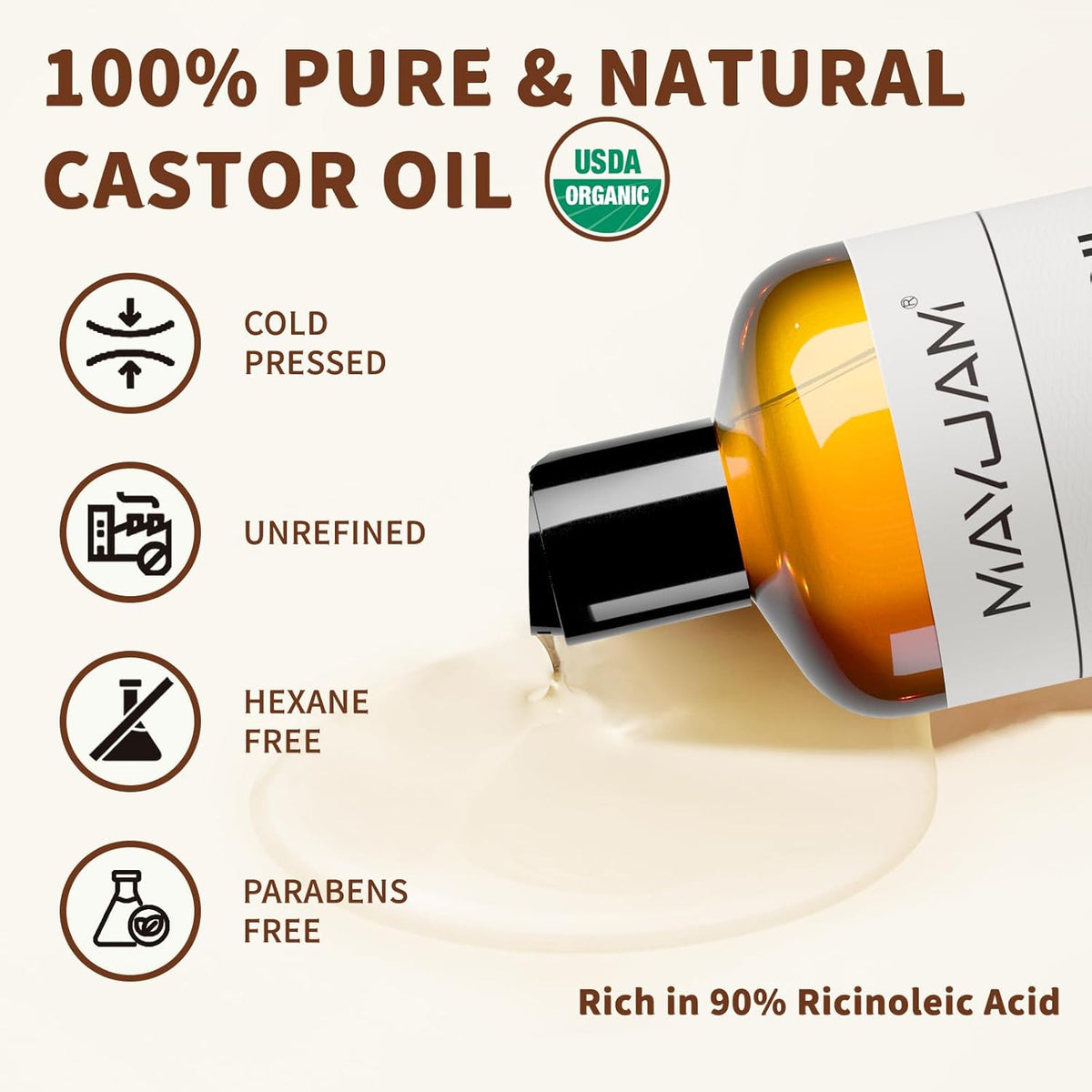 Organic Castor Oil 16 oz, 100% Pure Cold Pressed Castor Oils for Hair Growth, Eyebrows, Eyelash