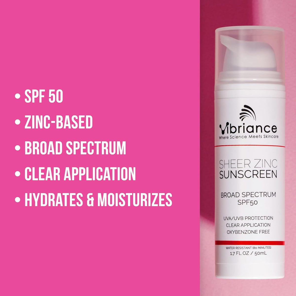 Vibriance Sheer Zinc Sunscreen - Tinted Sunscreen for Face SPF 50, Lightweight Facial Moisturizer