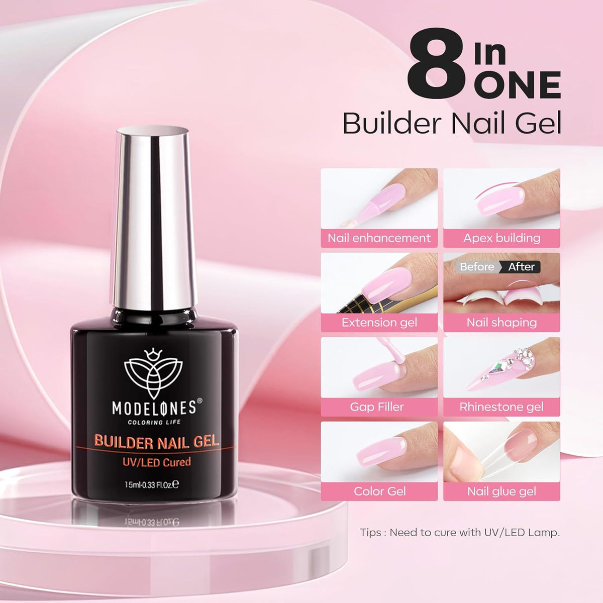 modelones Builder Nail Gel with Gel Base Top Coat, 3Pcs Baby Pink Builder Nail Kit for Apex