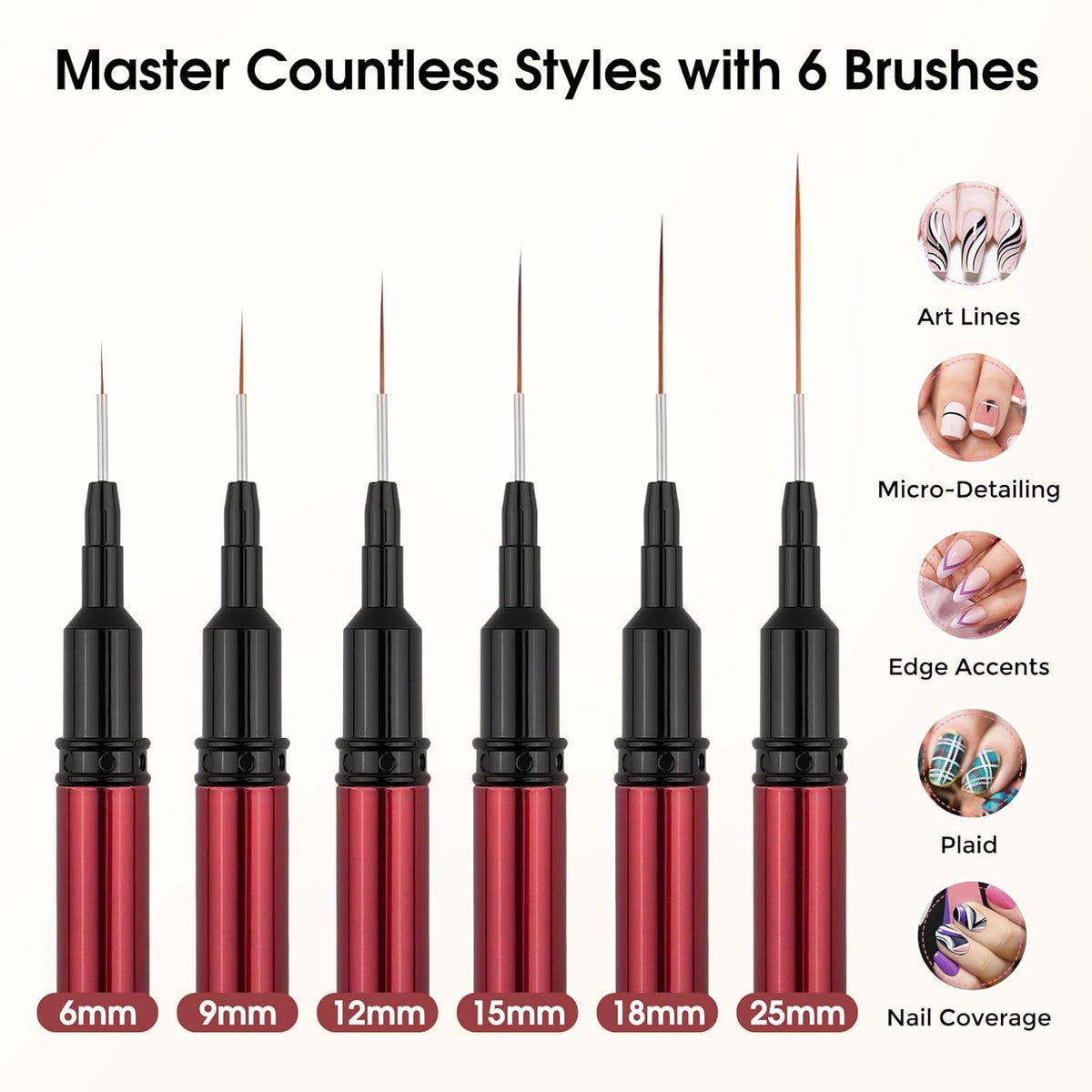 Nail Art Brushes, 6 Pcs Nail Liner Brushes for Nails, Nail Brushes for Nail Art Lines, Details