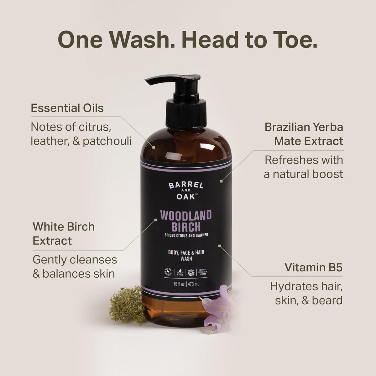 Barrel & Oak All-in-One Wash for Face, Hair, & Body, Vegan & Hydrating Face, Shampoo and Body Wash