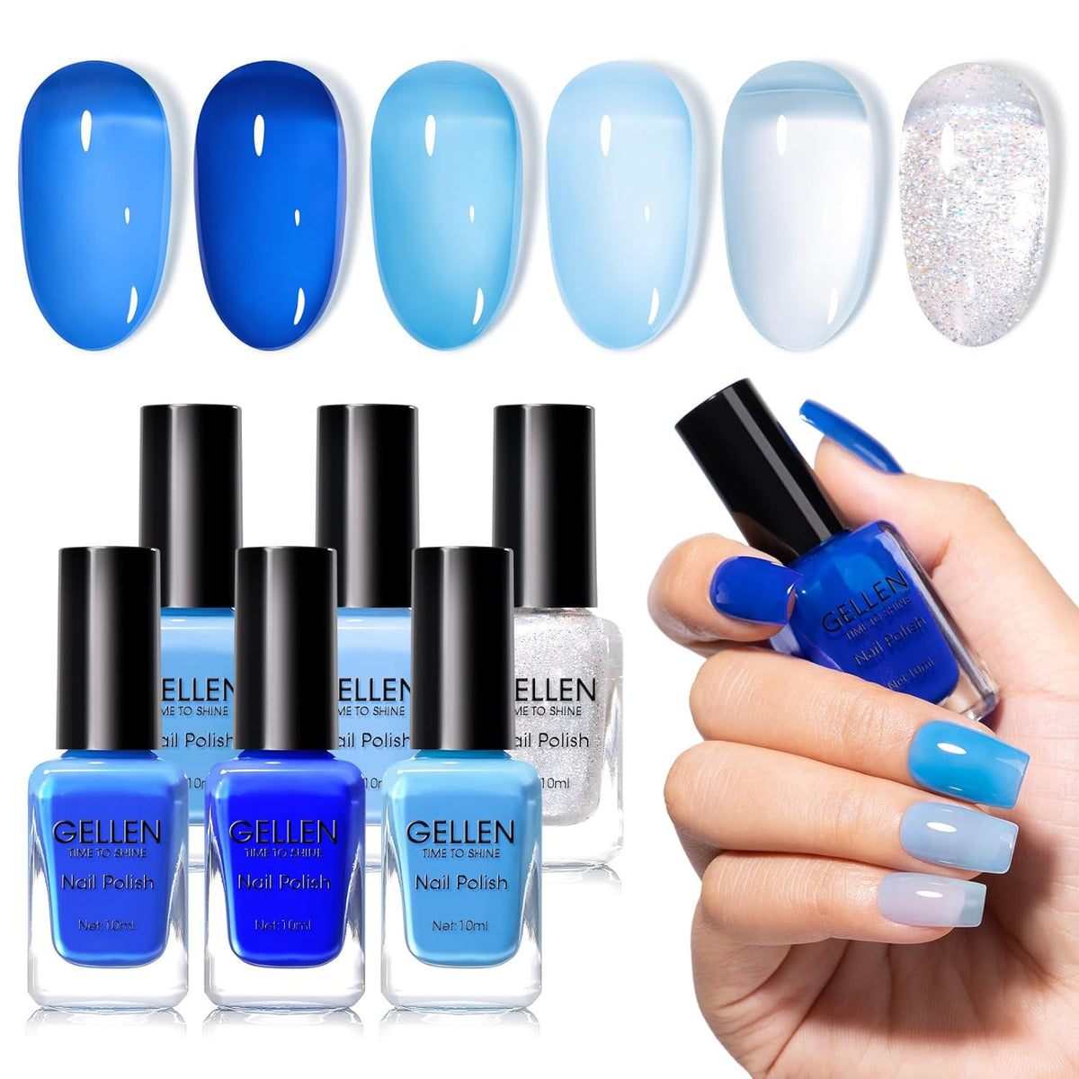 Gellen Blue Jelly Nail Polish, Sheer Nail Polish Quick Dry Summer 6 Colors Blue Glitter Set
