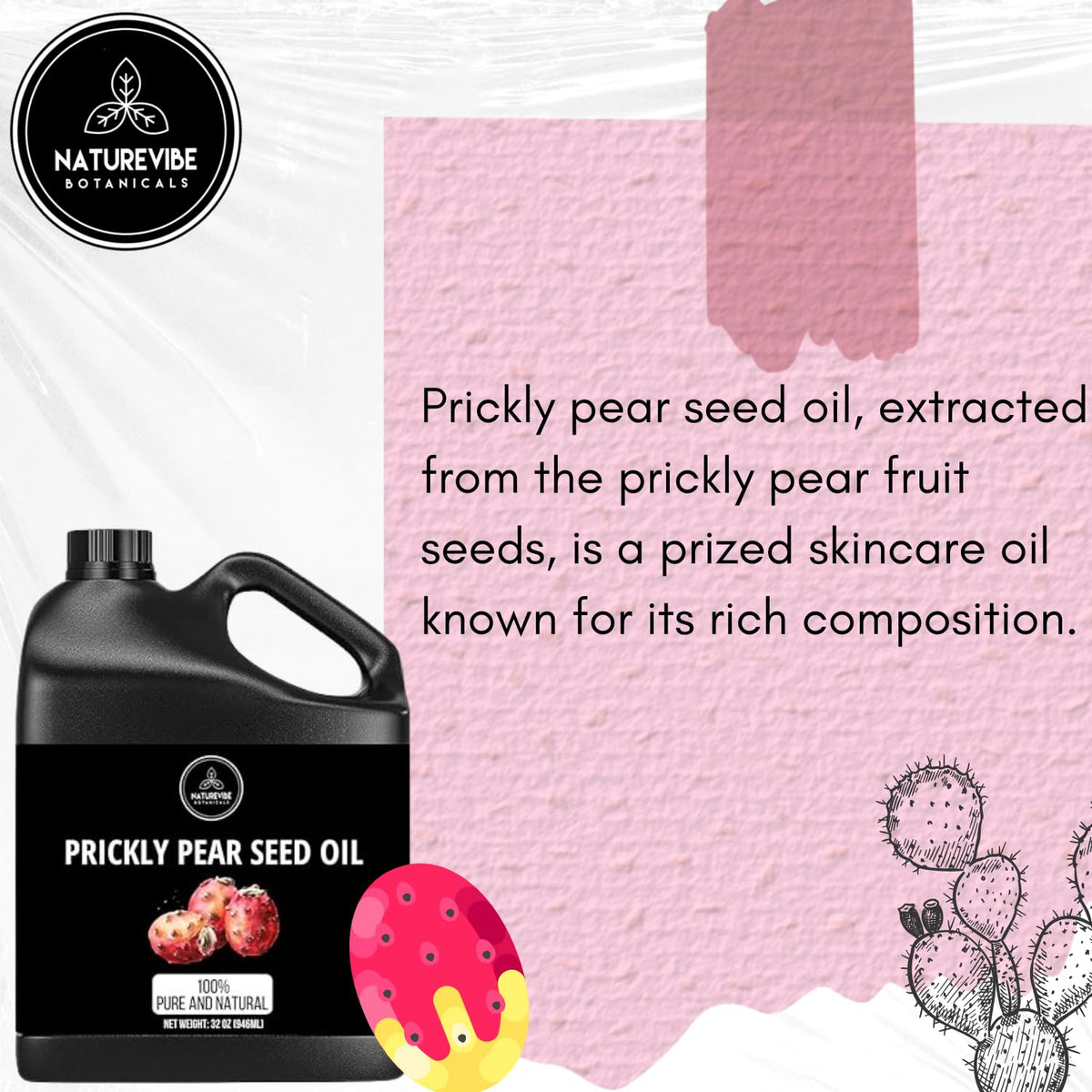 Naturevibe Botanicals Prickly Pear Oil 32 Ounces | 100% Pure and Natural | Great for Skin Care and