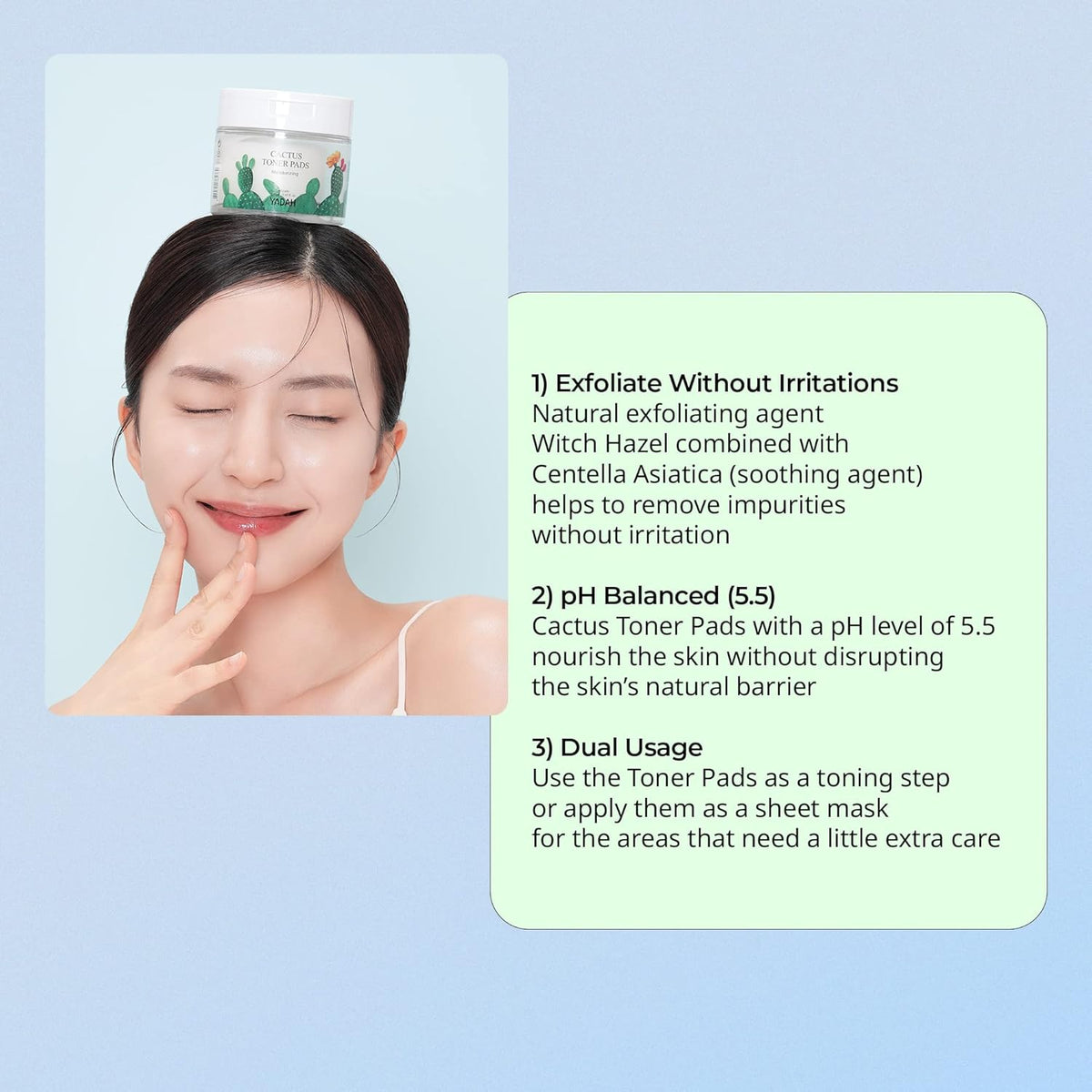 YADAH Cactus Toner Pads 5.07 Fluid Ounce 60 Count, Cruelty Free Facial Cleansing Exfoliator Toning