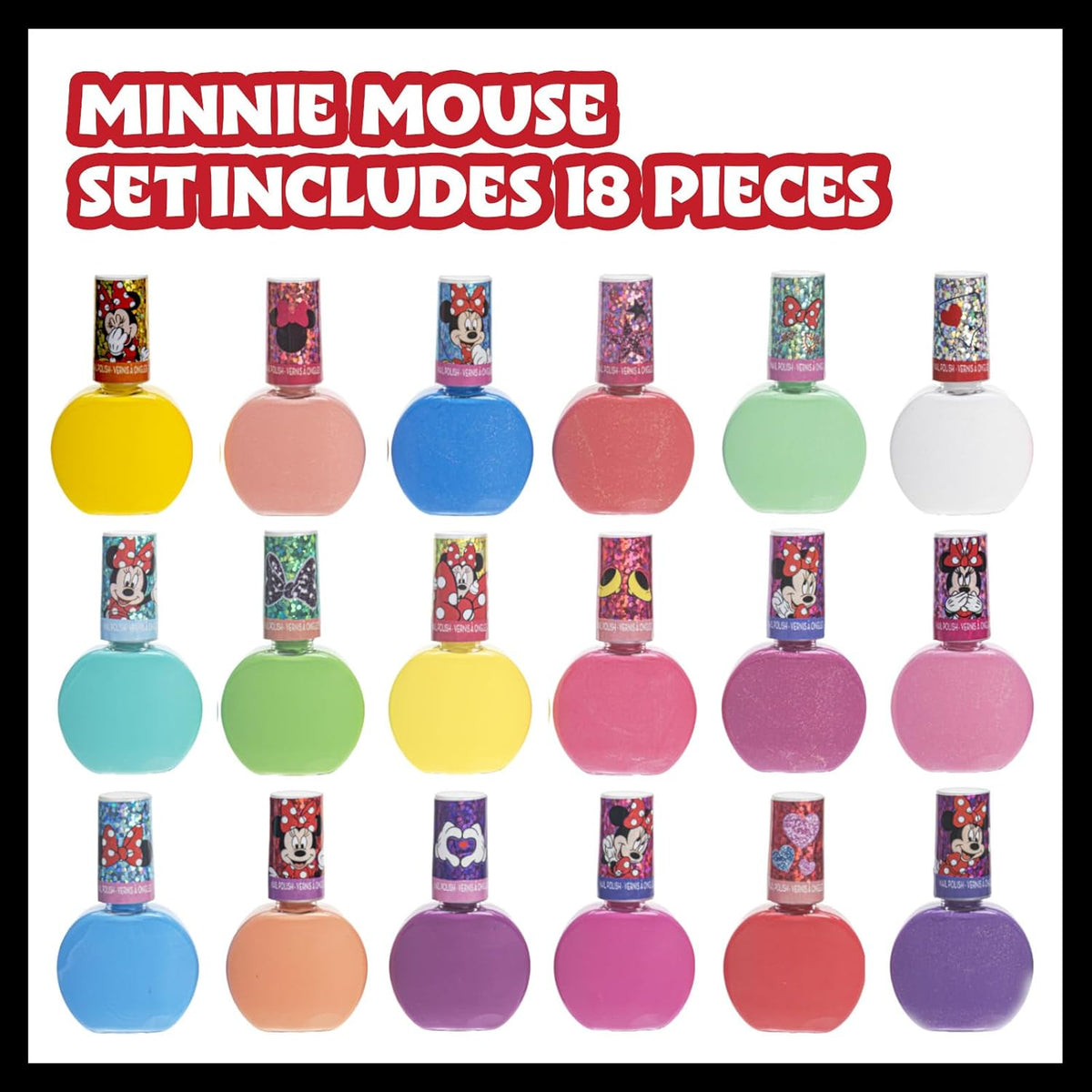 Townley Girl Disney Minnie Mouse 18 Piece Water-Based Nail Polish Set, Quick Dry and Peels-Off