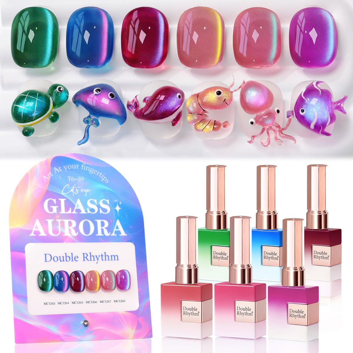 Double Rhythm Cat Eye Gel Nail Polish Set of 6 Same Color Same Bottle 0.5 Oz Shimmer Glitter with