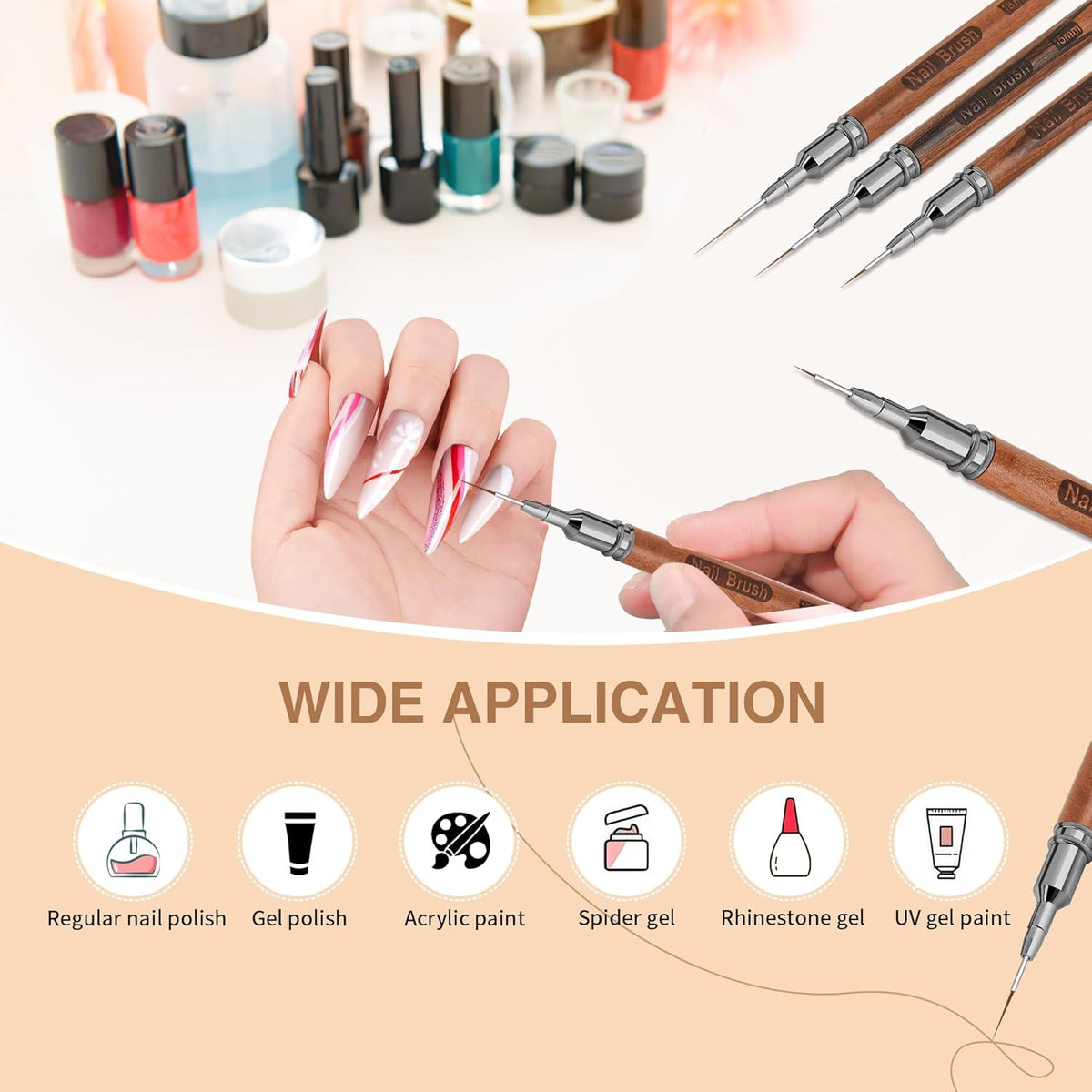 Wooden Nail Art Brushes, 5Pcs Nail Art Liner Brushes, Painting Art Design Brush Set Nail Dotting