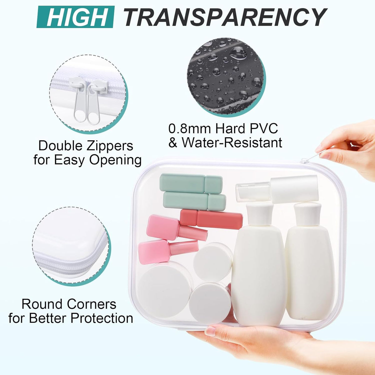 Hoolerry 3 Pcs Clear Hard Zipper Case Plastic Pouch Transparent Hard Case Clear Makeup Bag Portable