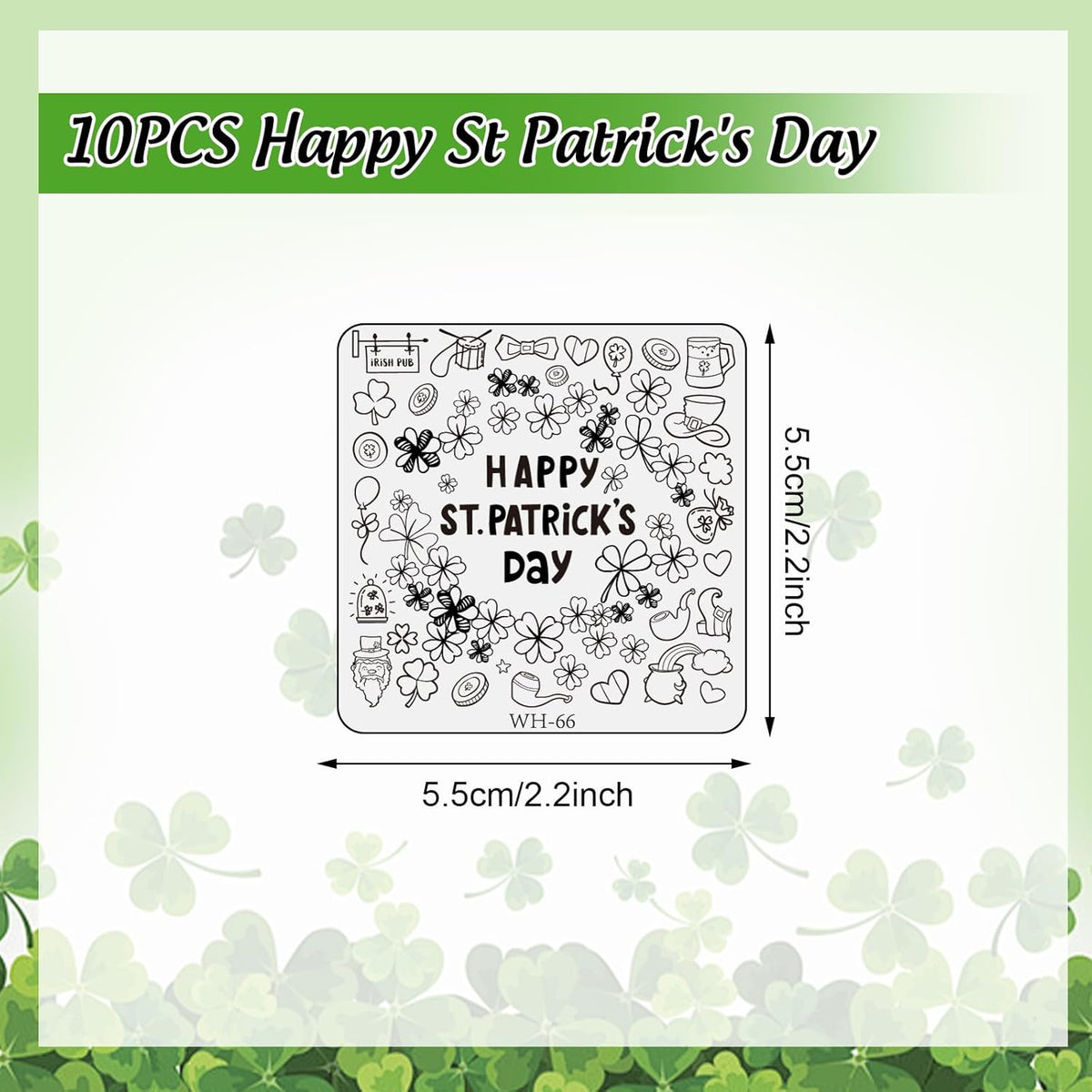 Whaline 10Pcs St. Patrick's Day Nail Art Stamping Plates Kit Shamrock Gnome Image Stamp Templates