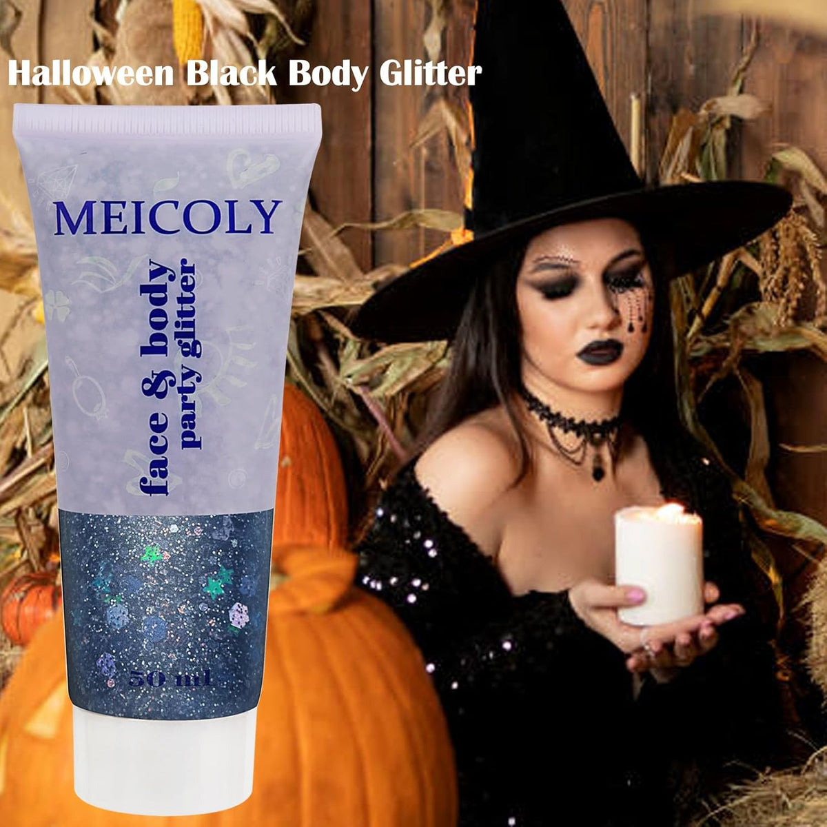 MEICOLY Black Glitter, Professional Body Paint, Mermaid Sequins Eye Glitter for Halloween Cosplay