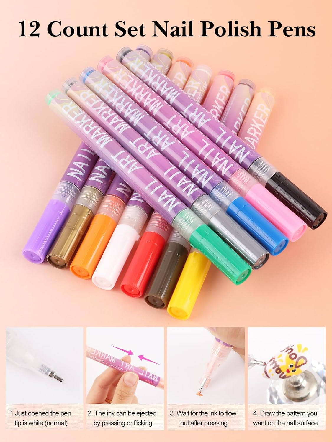 12 Colors 3D Nail Art Pens, Fine Tips 0.5 MM Nail Polish Pens Quick-Drying EBANKU Acrylic Nail