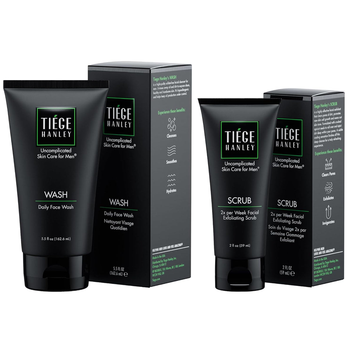 Tiege Hanley Daily Face Wash (5.5 oz) & Exfoliating Face Scrub for Men (2 oz) for Oily, Dry &