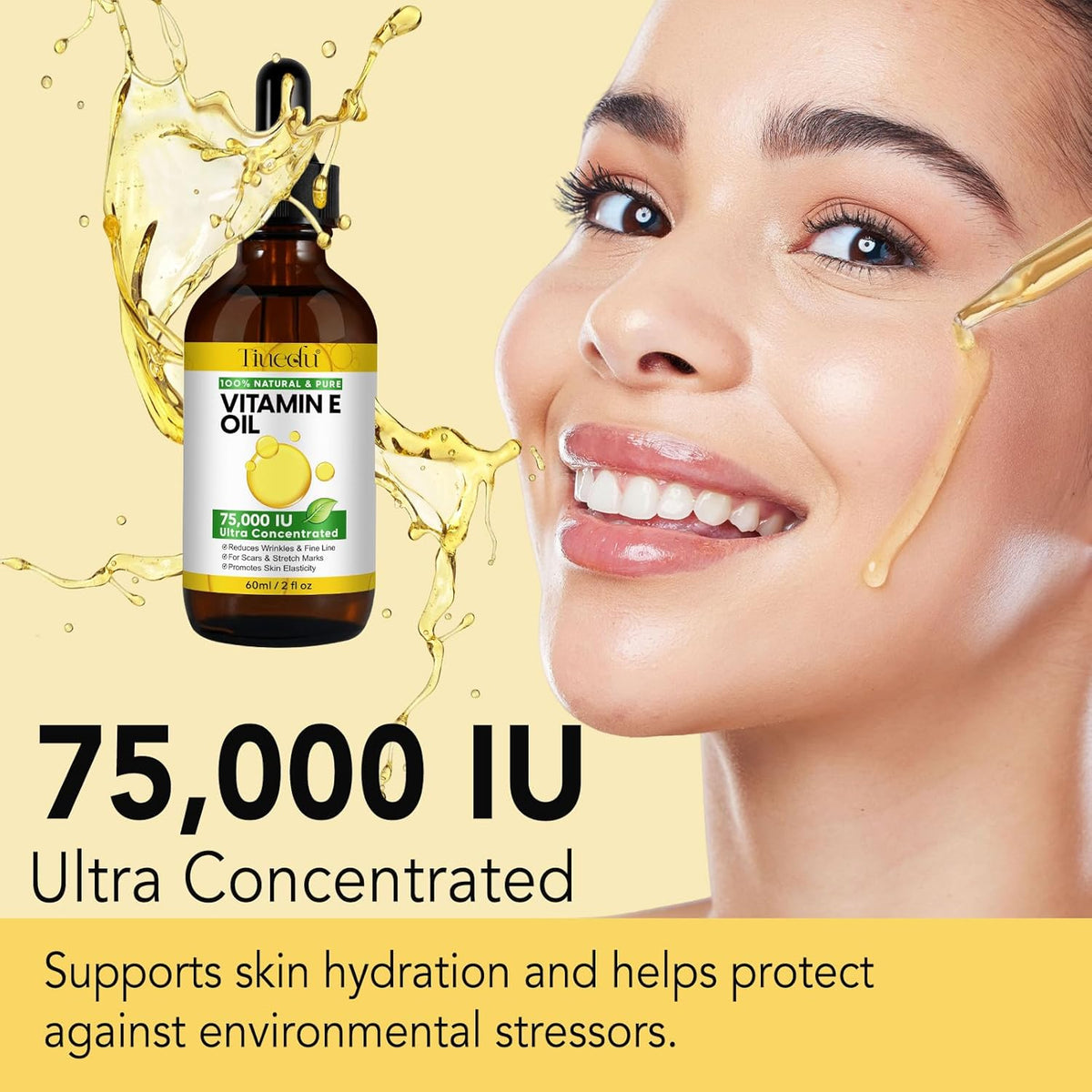 Tiuedu Natural Vitamin E Oil for Skin, 75,000 IU Ultra Concentrated Vitamin E Oil for Face, Hair
