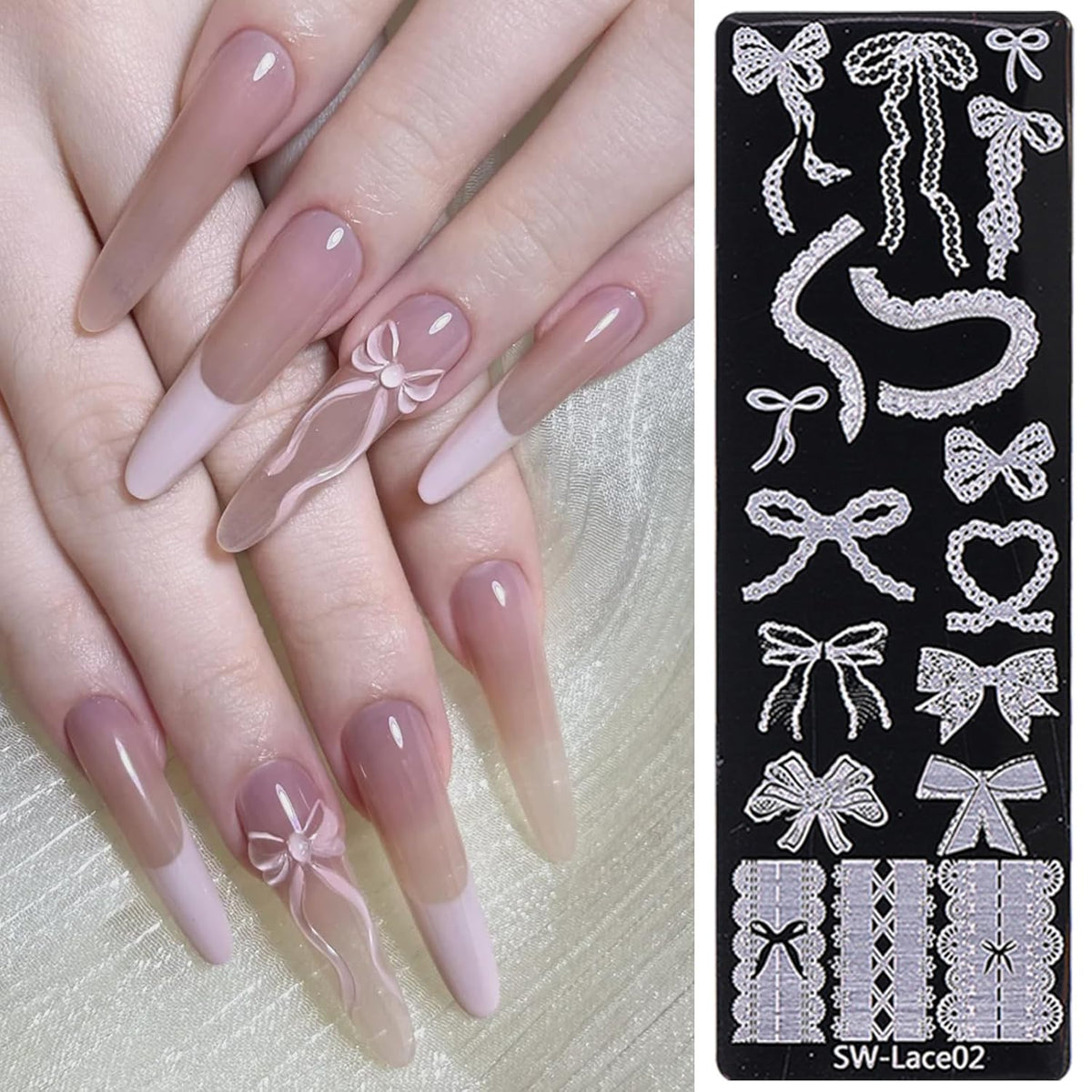 Lace Nail Stamping Plate Set - French Tip Stamp Silicone Nail Stamper Kit Bow Lace Design with Nail
