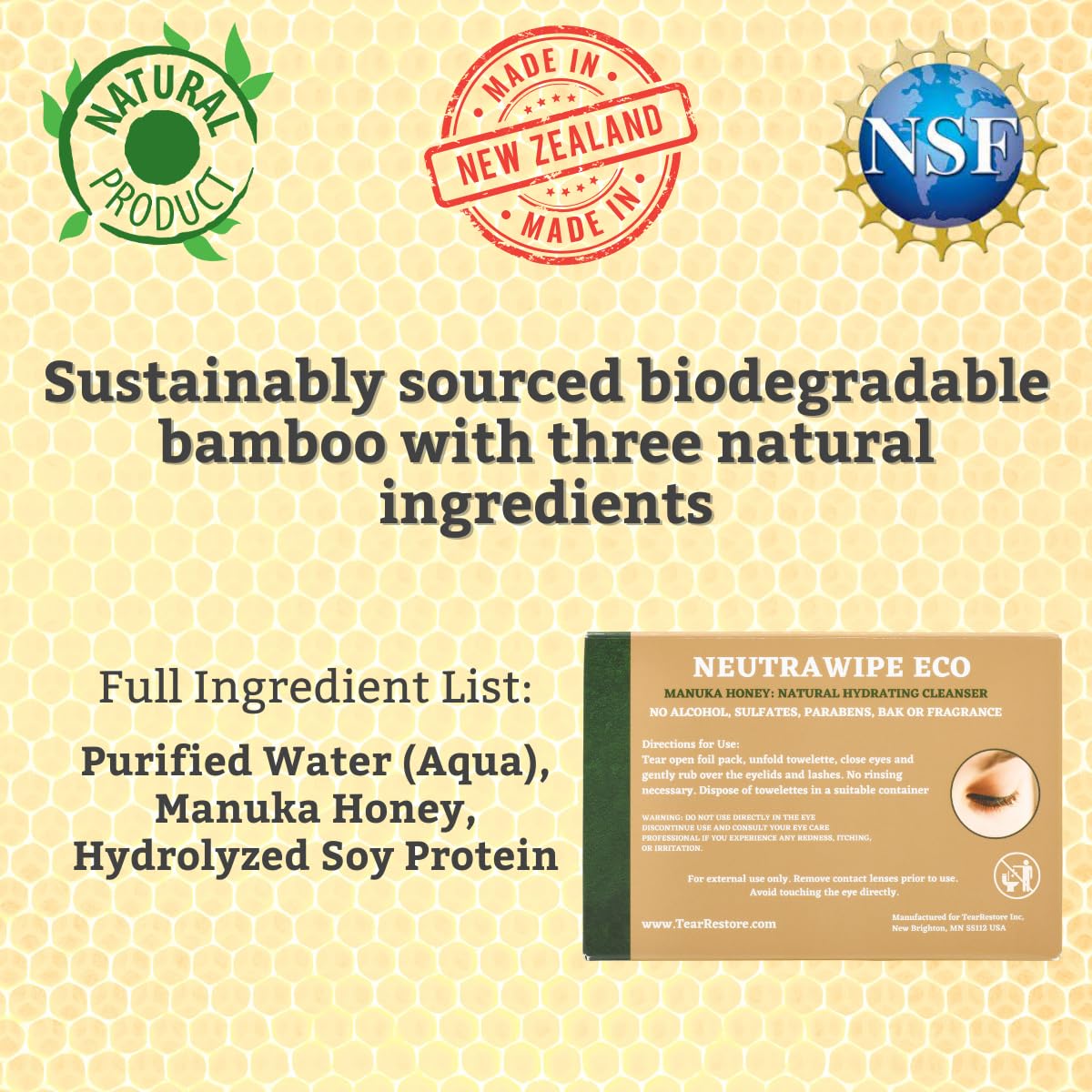 TearRestore NeutraWipe Eco Manuka Honey Eyelid Wipes | Ultra-Soft Biodegradable Eyelash Cleanser