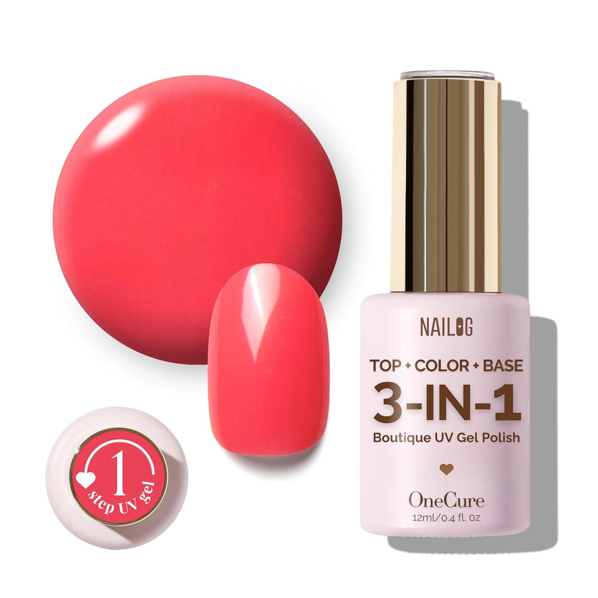 NAILOG One Step Gel Nail Polish 12ml Top Coat Color Gel Base 3-In-1 Formula Soak Off UV Gel Polish