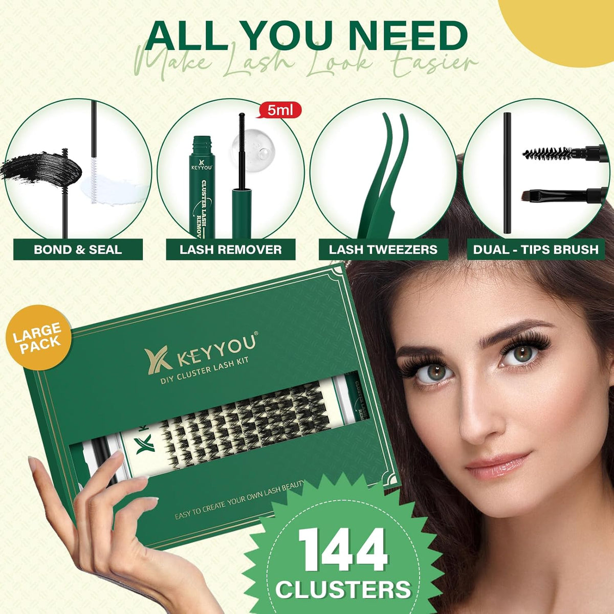 DIY Lash Extension Kit KEYYOU 144pcs Lash Clusters Eyelash Extension Kit with Mascara Brush Bond