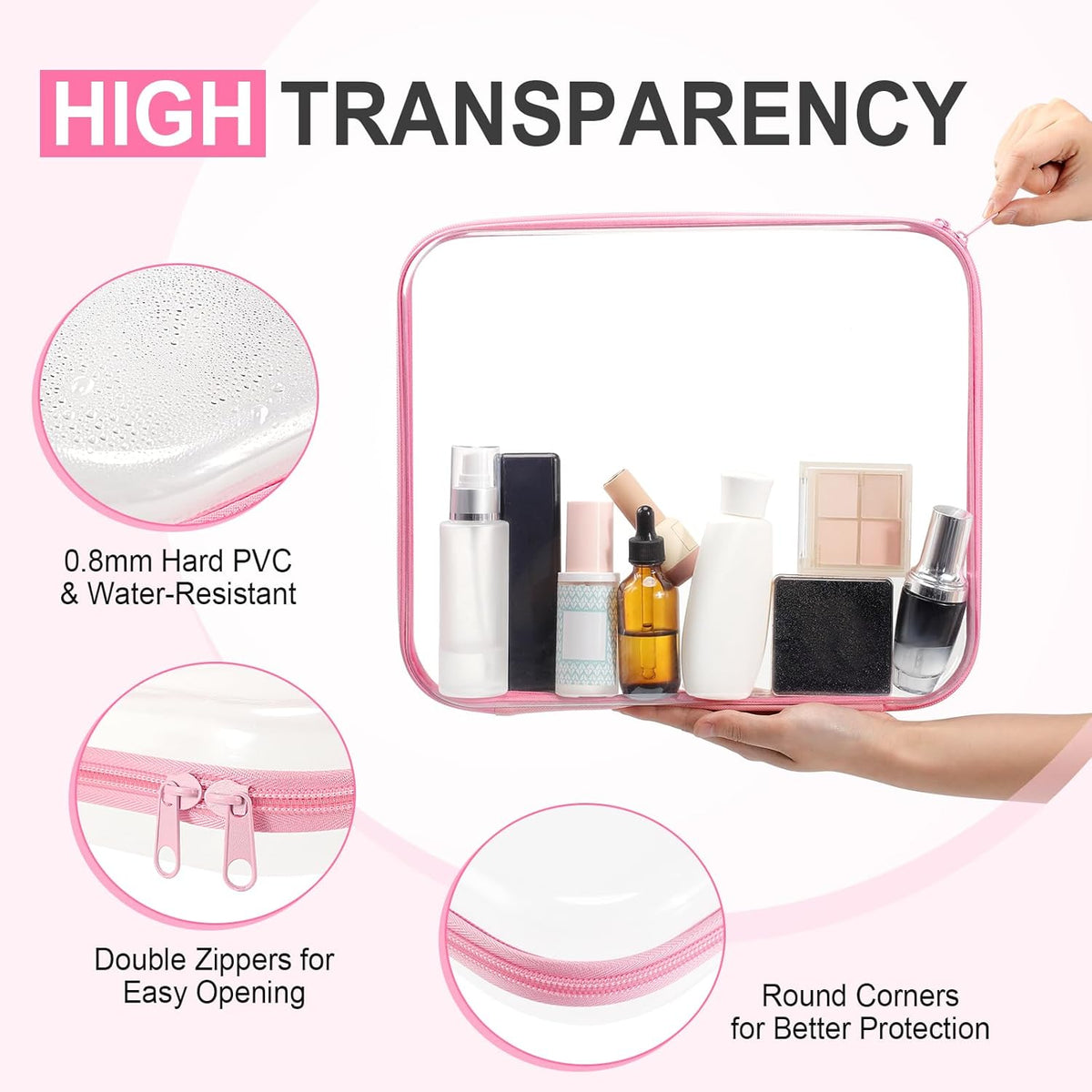 Hoolerry 4 Pcs Hard Clear Zipper Case Makeup Bags Plastic Pencil Pouch Transparent Storage Box