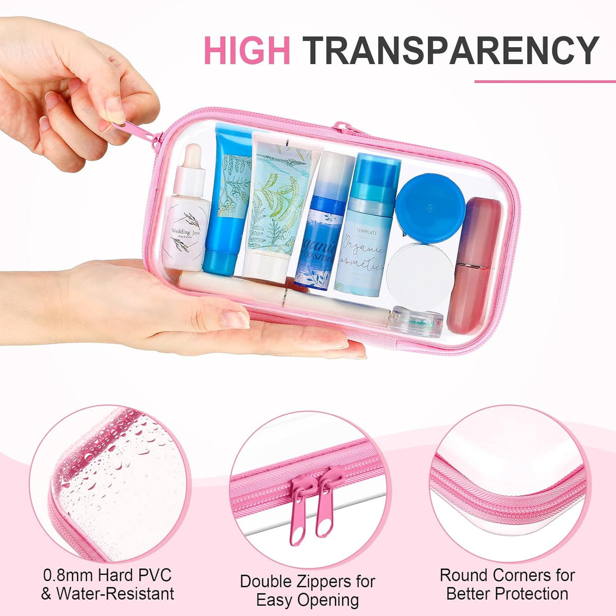 Hoolerry 3 Pcs Clear Hard Zipper Case Plastic Pouch Transparent Hard Case Clear Makeup Bag Portable
