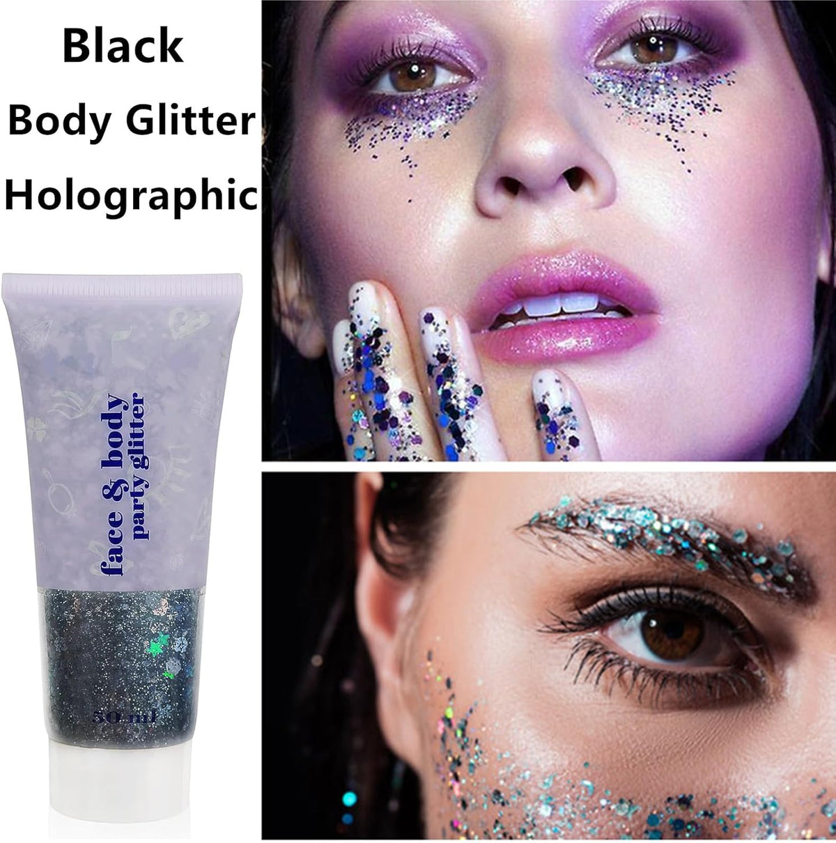 Go Ho Black Face Body Glitter,Halloween Face Paint Glitter Makeup,Holographic Chunky Sequins