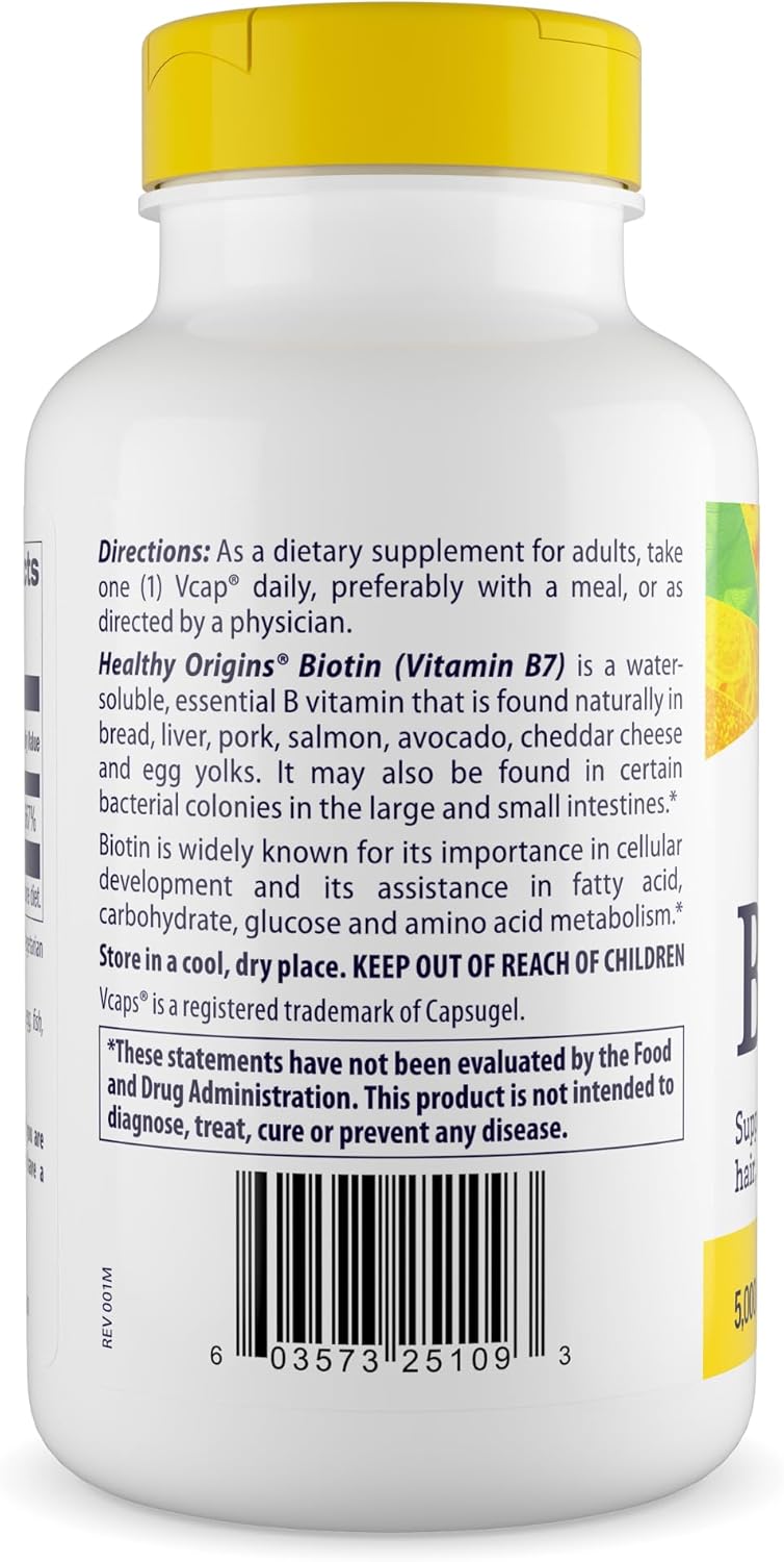 Healthy Origins Biotin 5,000 mcg (USP Grade, Non-GMO, Gluten Free, Hair Support, Nail Support), 360