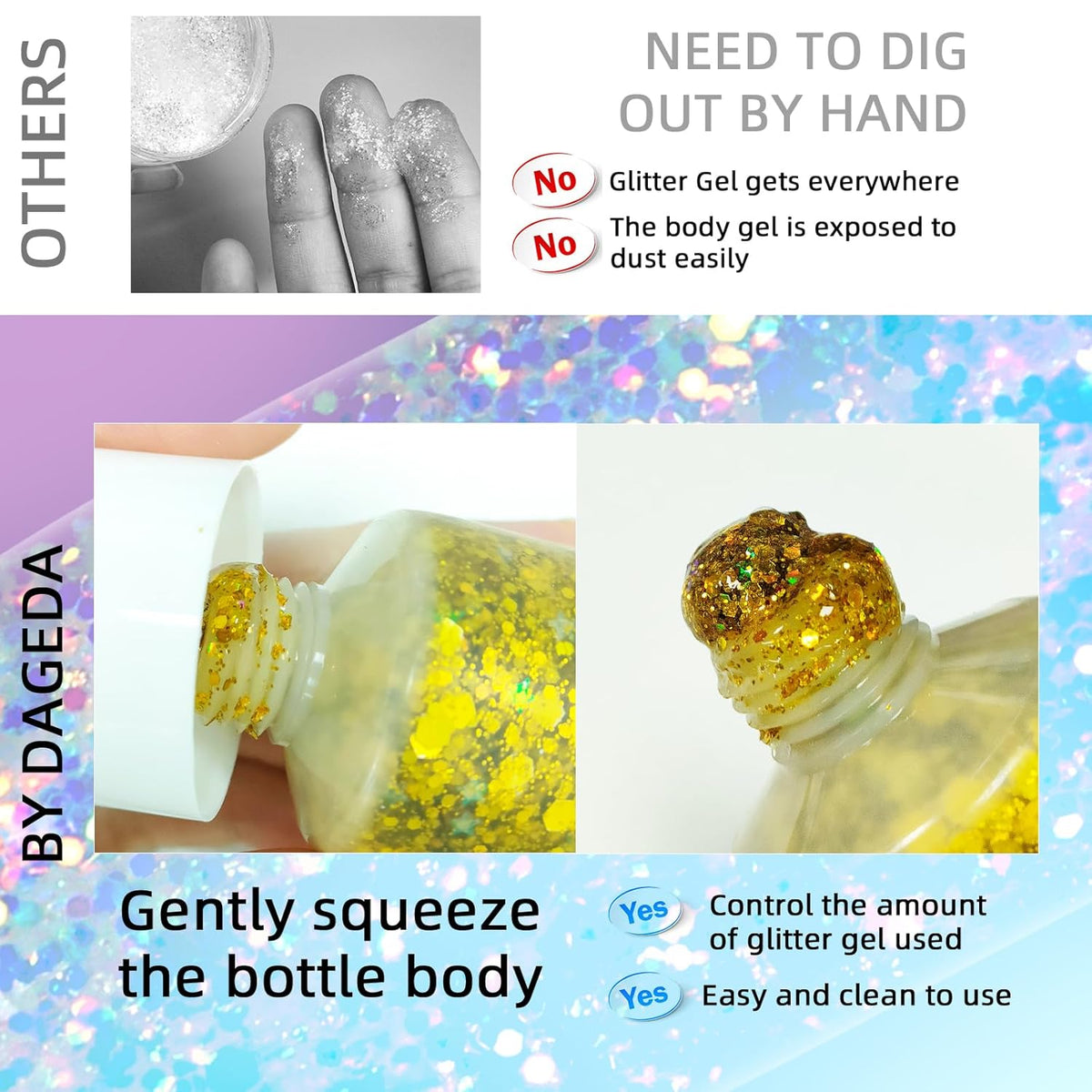 DAGEDA Body Glitter Gel, Face Glitters Body Gel Sequins Shimmer Liquid Eyeshadow, Chunky Glitter