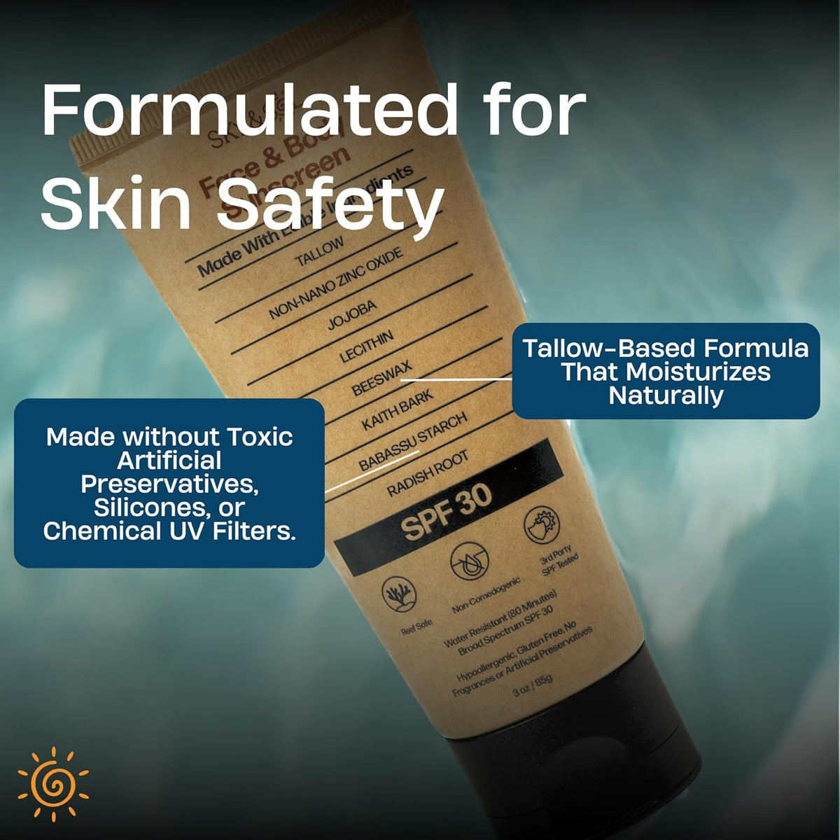 Natural Mineral Sunscreen SPF 30 3 oz: Natural Tallow & Zinc Oxide, Reef Safe, Water Resistant