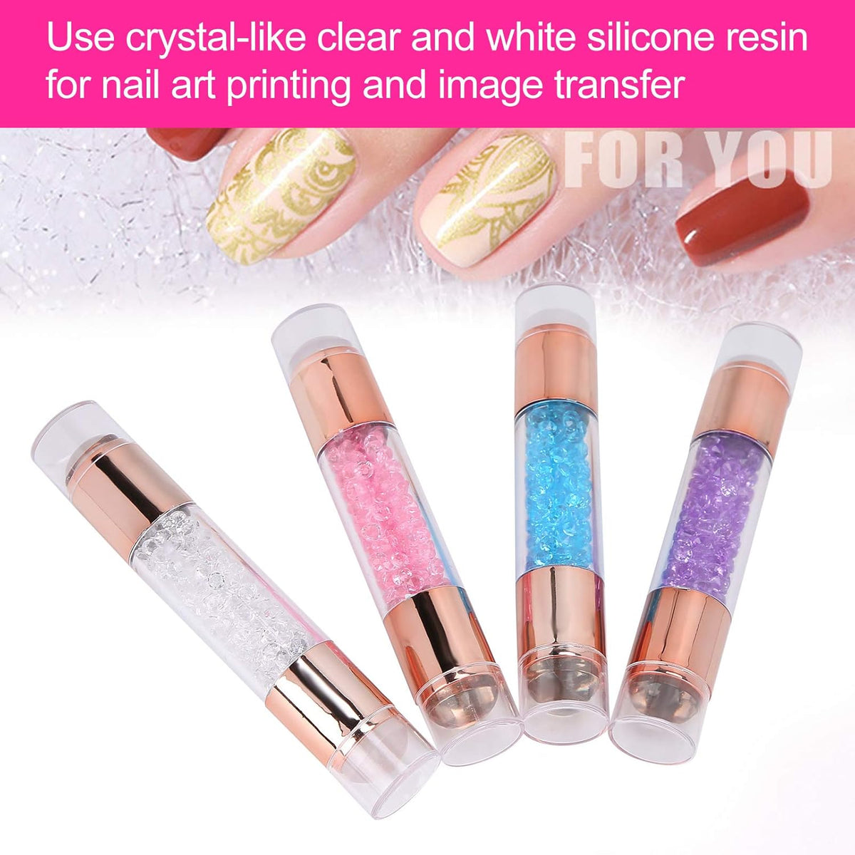 Dioche 4Sets Manicure Art Stamper, Double Ended Silicone Stamp Pens With Nail Seal Plate for Home