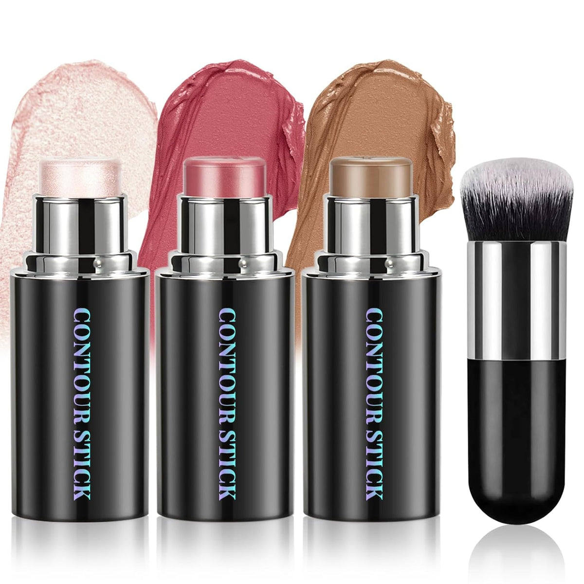 Face Contour Stick Set, Highlighter Stick & Bronzer Stick & Cream Blush Stick for Cheek Lip Tint