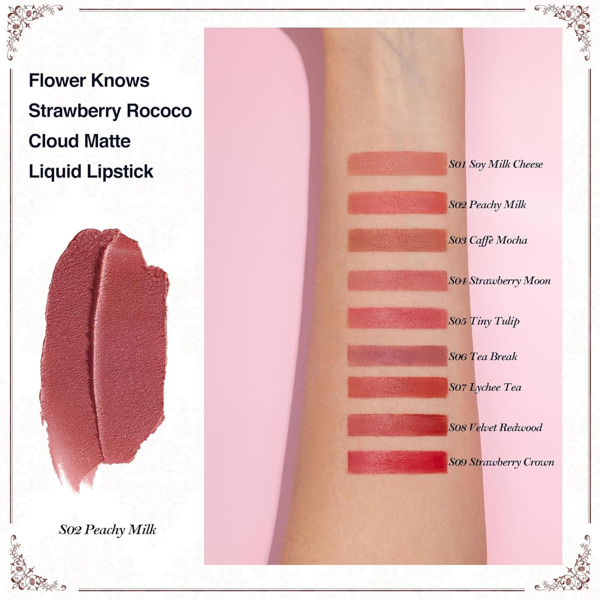 Flower Knows Strawberry Rococo Cloud Lip Cream,Velvety Matte Liquid Lipstick,Nude Lipstick,Long