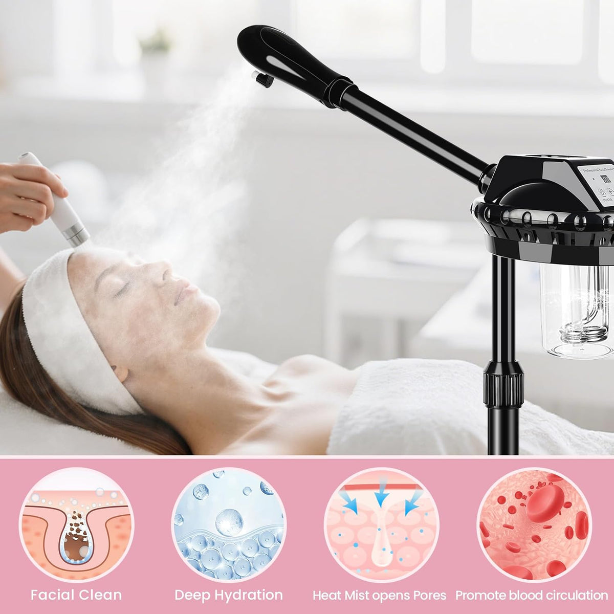 Professional Facial Steamer, Facial Steamer on Wheels with More Steam, Adjustable Height and Angle