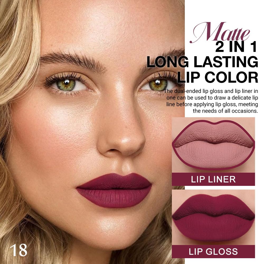 evpct 1Pcs Dark Plum Purple Matte Lip Liner and Liquid Lipstick Stain Makeup Set for women, Plum