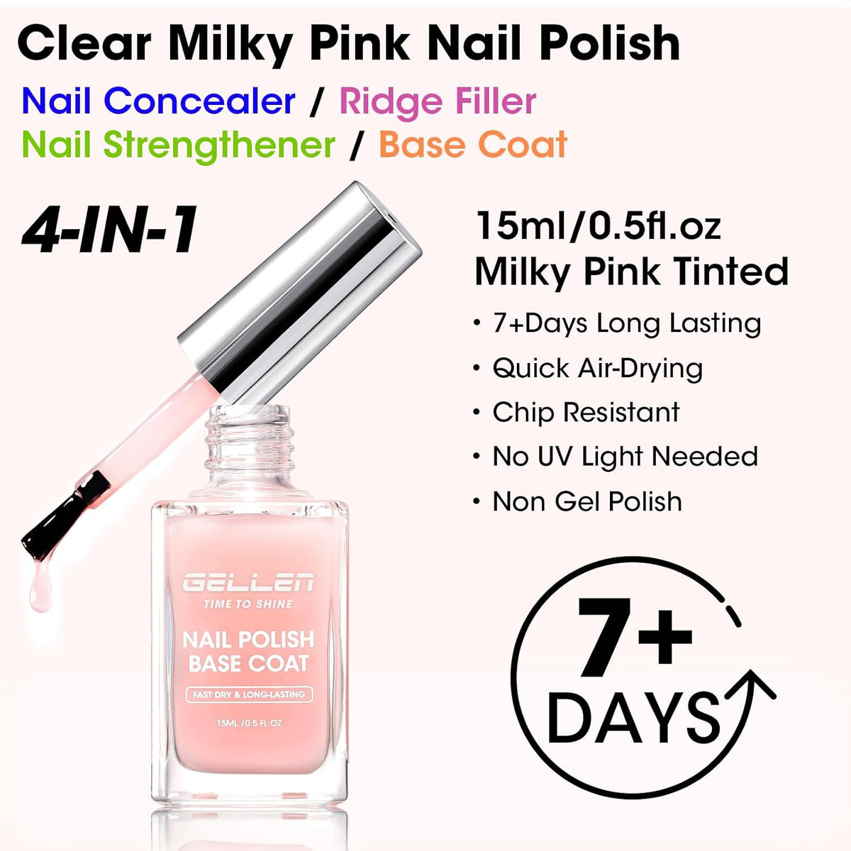 GELLEN 4‑in‑1 Clear Nail Polish Base Coat Sheer Tinted Milky Pink, Ridge Filler, Nail Strengthener