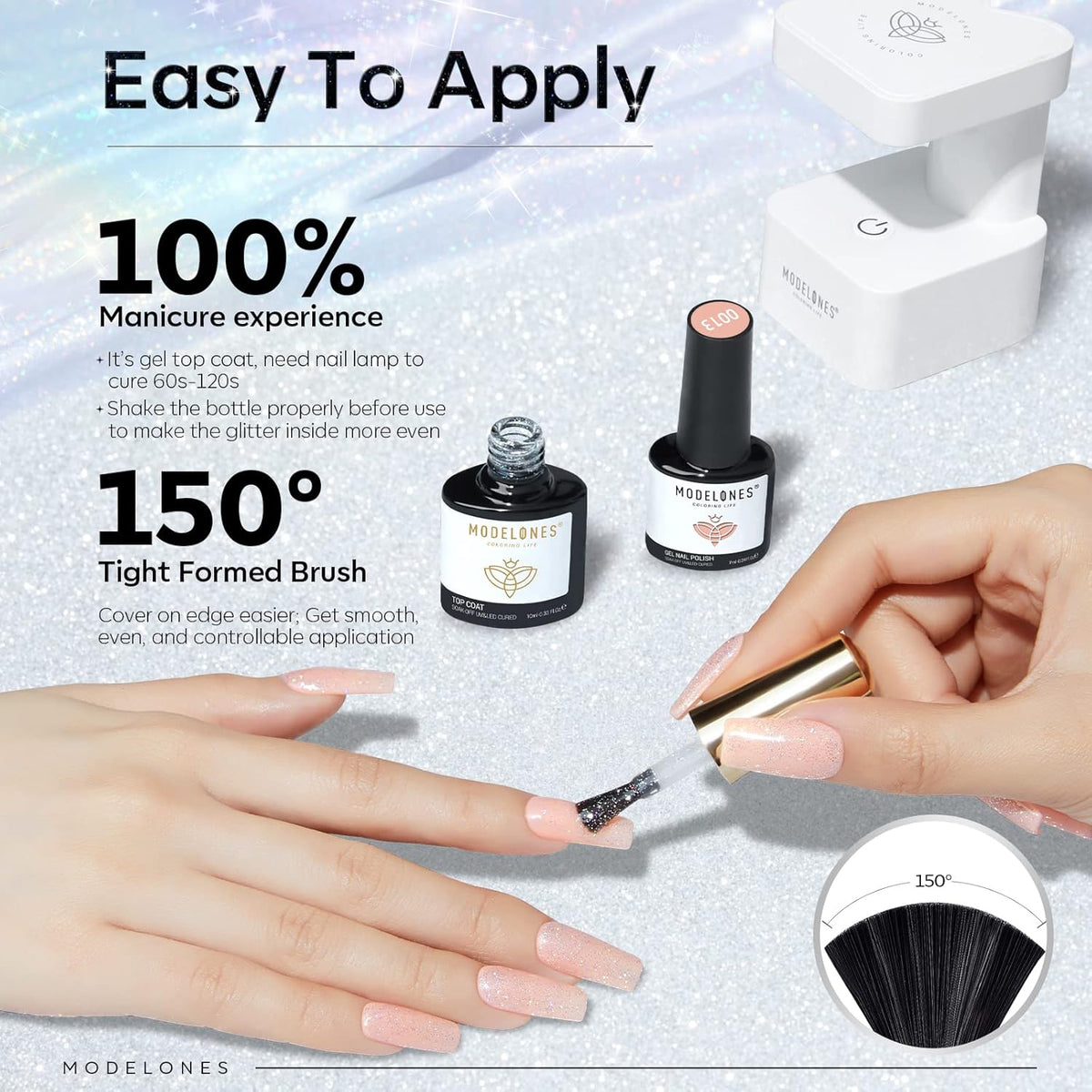 Modelones Glitter Gel Top Coat, Iridescent Silver Mix Glitter Gel Polish No Wipe Top Coat Glossy