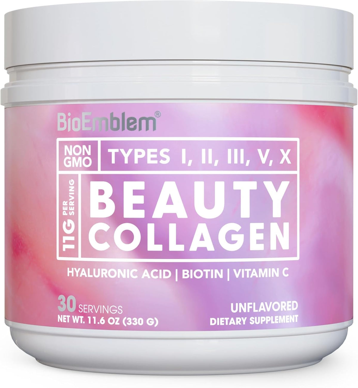 BioEmblem Beauty Collagen - 11G Hydrolyzed Multi-Collagen Peptides, Hyaluronic Acid, Vitamin C &